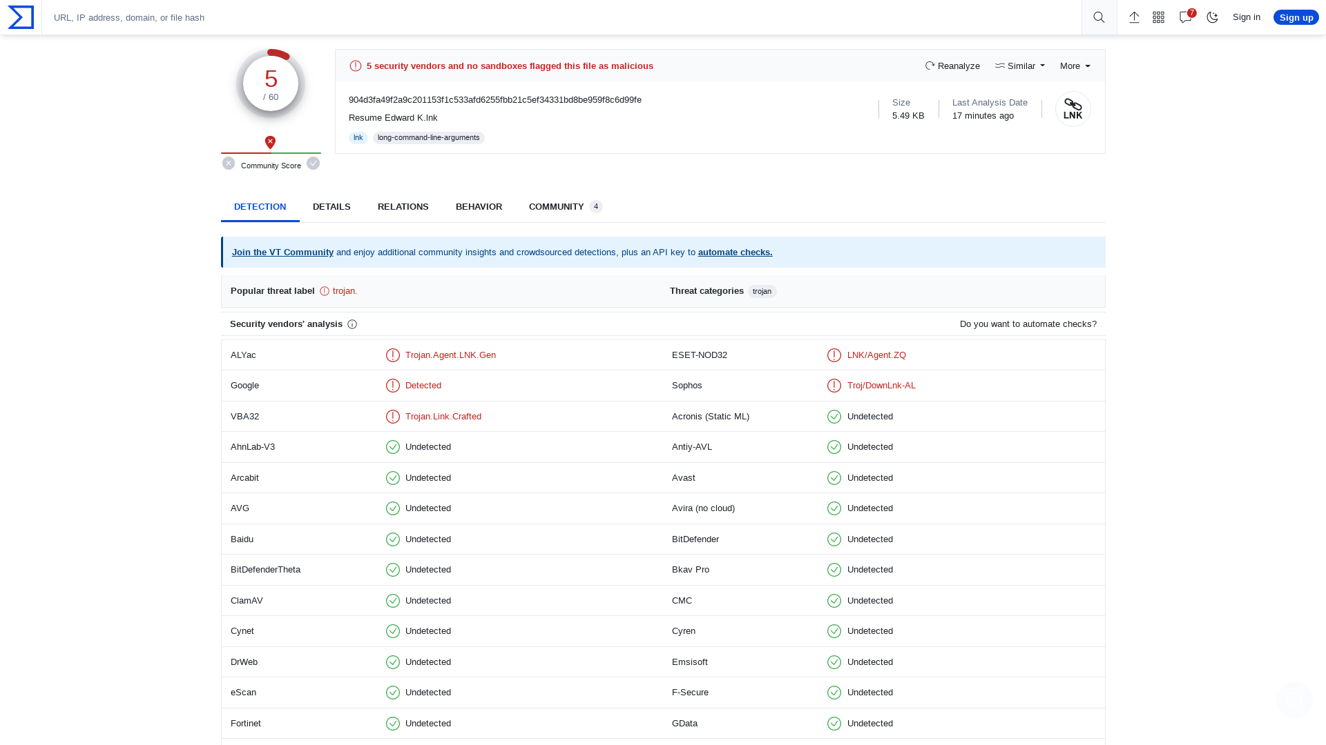 VirusTotal - File - 904d3fa49f2a9c201153f1c533afd6255fbb21c5ef34331bd8be959f8c6d99fe