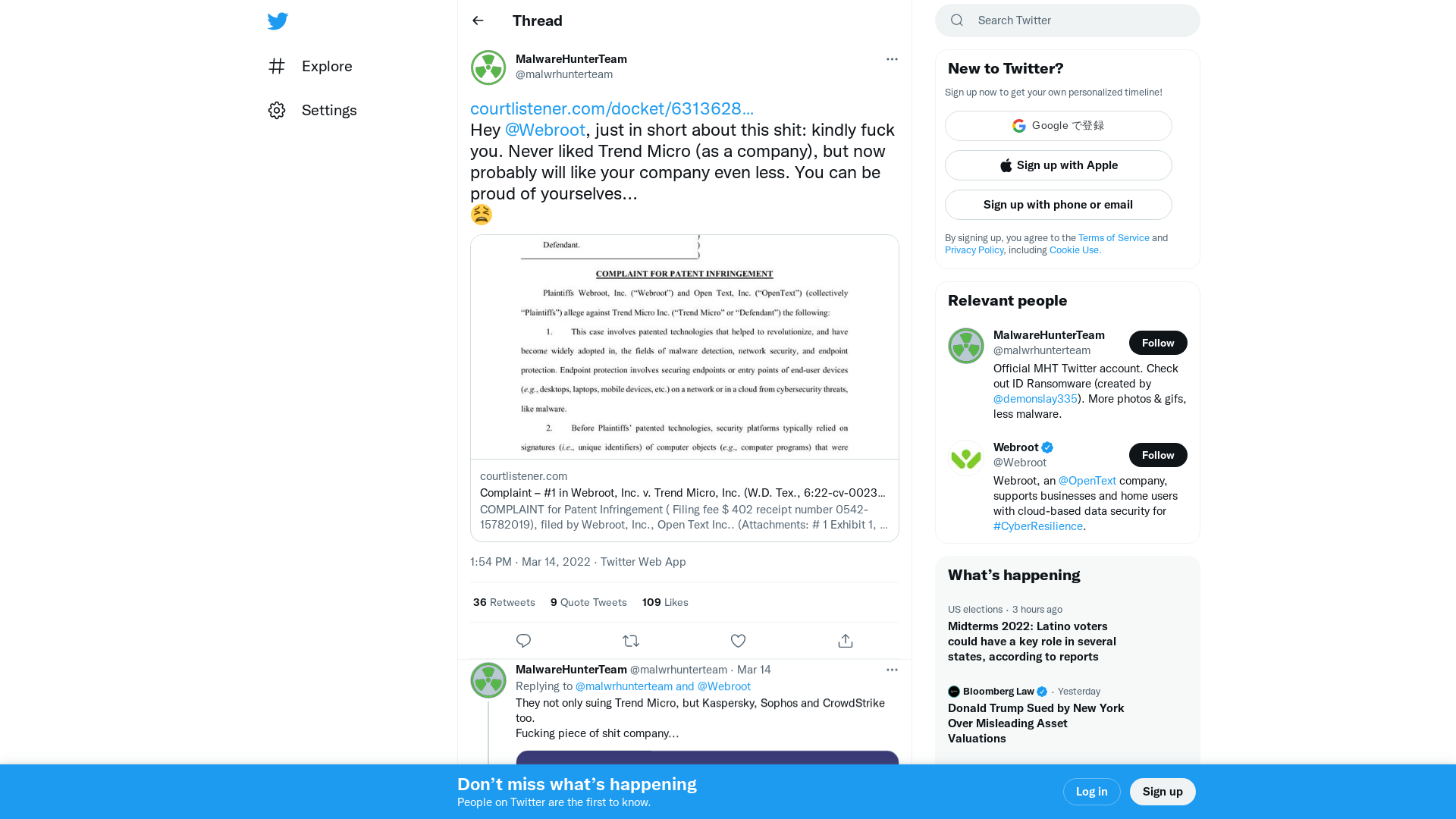 MalwareHunterTeam on Twitter: "https://t.co/WmCJGZTGec Hey @Webroot, just in short about this shit: kindly fuck you. Never liked Trend Micro (as a company), but now probably will like your company even less. You can be proud of yourselves... 😫" / Twitter