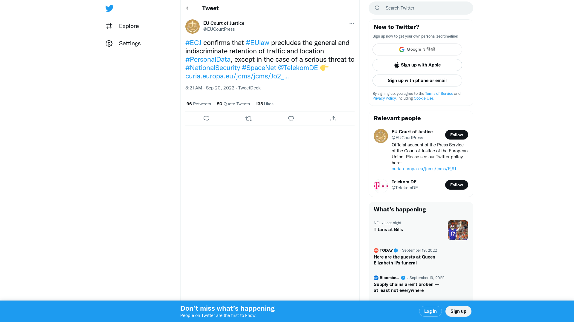 EU Court of Justice on Twitter: "#ECJ confirms that #EUlaw precludes the general and indiscriminate retention of traffic and location #PersonalData, except in the case of a serious threat to #NationalSecurity #SpaceNet @TeIekomDE 👉https://t.co/ATb3CgcnmO" / Twitter
