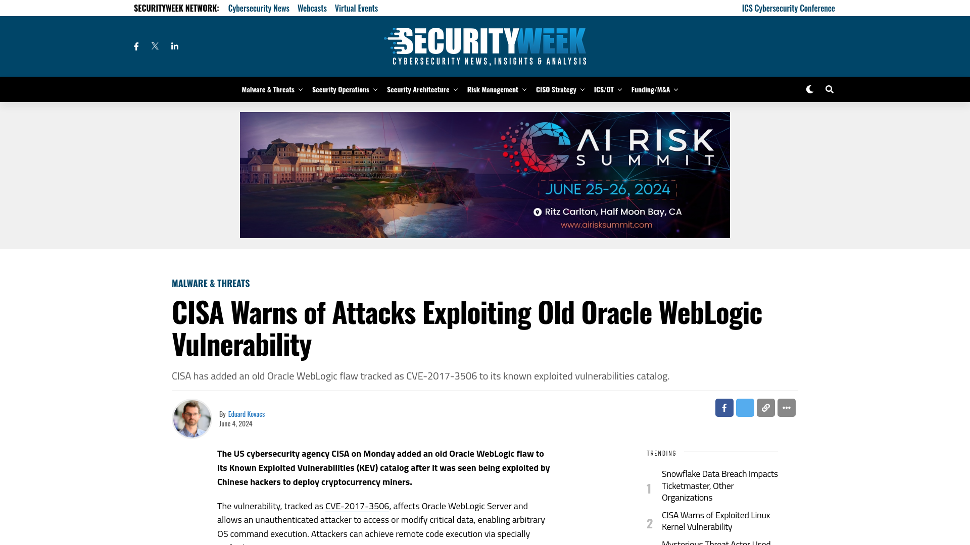 CISA Warns of Attacks Exploiting Old Oracle WebLogic Vulnerability - SecurityWeek