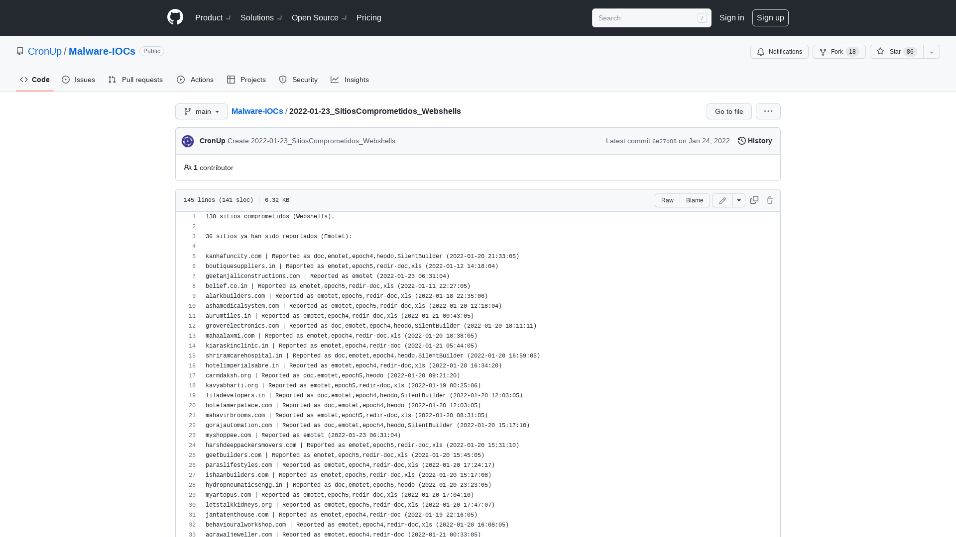 Malware-IOCs/2022-01-23_SitiosComprometidos_Webshells at main · CronUp/Malware-IOCs · GitHub