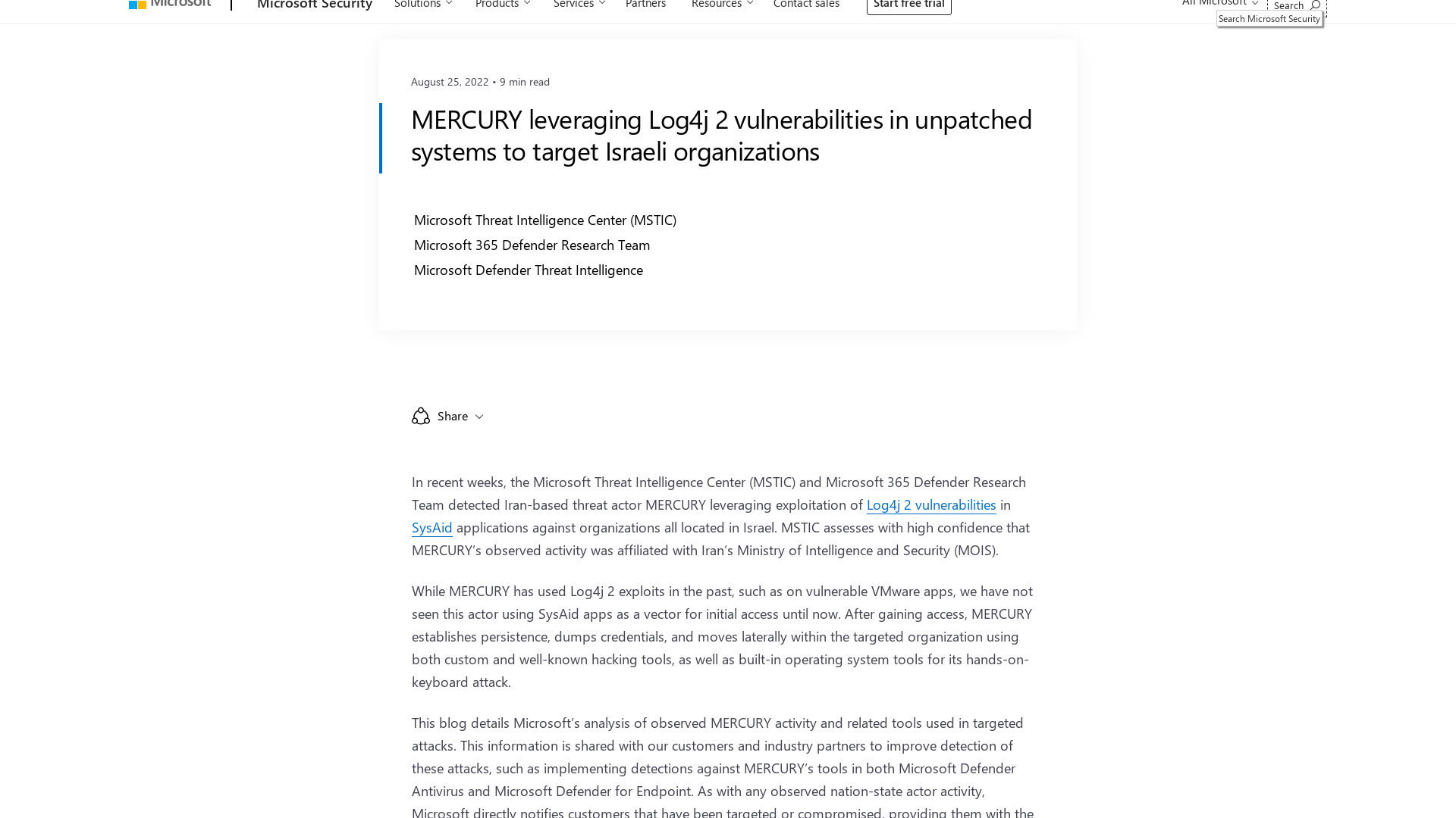 MERCURY leveraging Log4j 2 vulnerabilities in unpatched systems to target Israeli organizations - Microsoft Security Blog