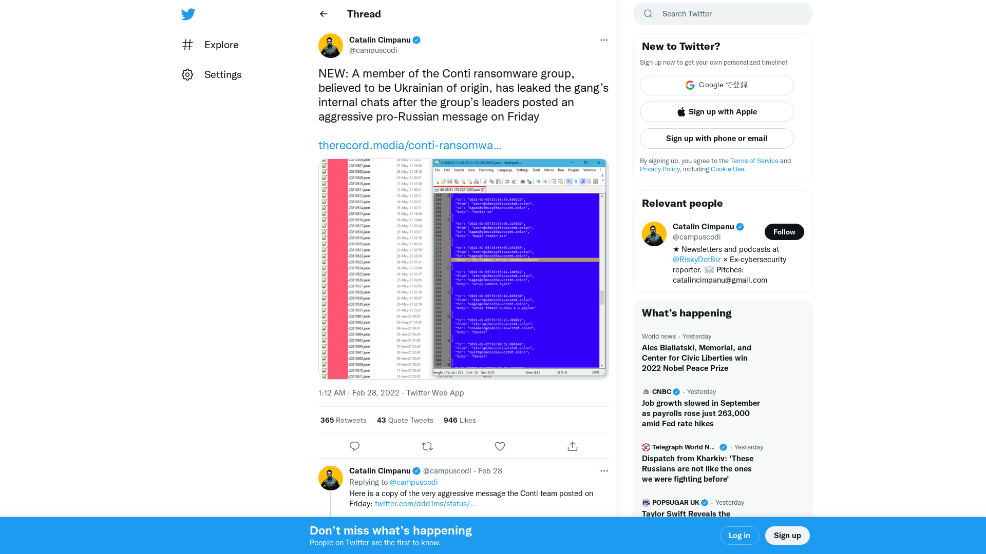 Catalin Cimpanu on Twitter: "NEW: A member of the Conti ransomware group, believed to be Ukrainian of origin, has leaked the gang’s internal chats after the group’s leaders posted an aggressive pro-Russian message on Friday https://t.co/f0Grquk3qg https://t.co/724xeG36hx" / Twitter