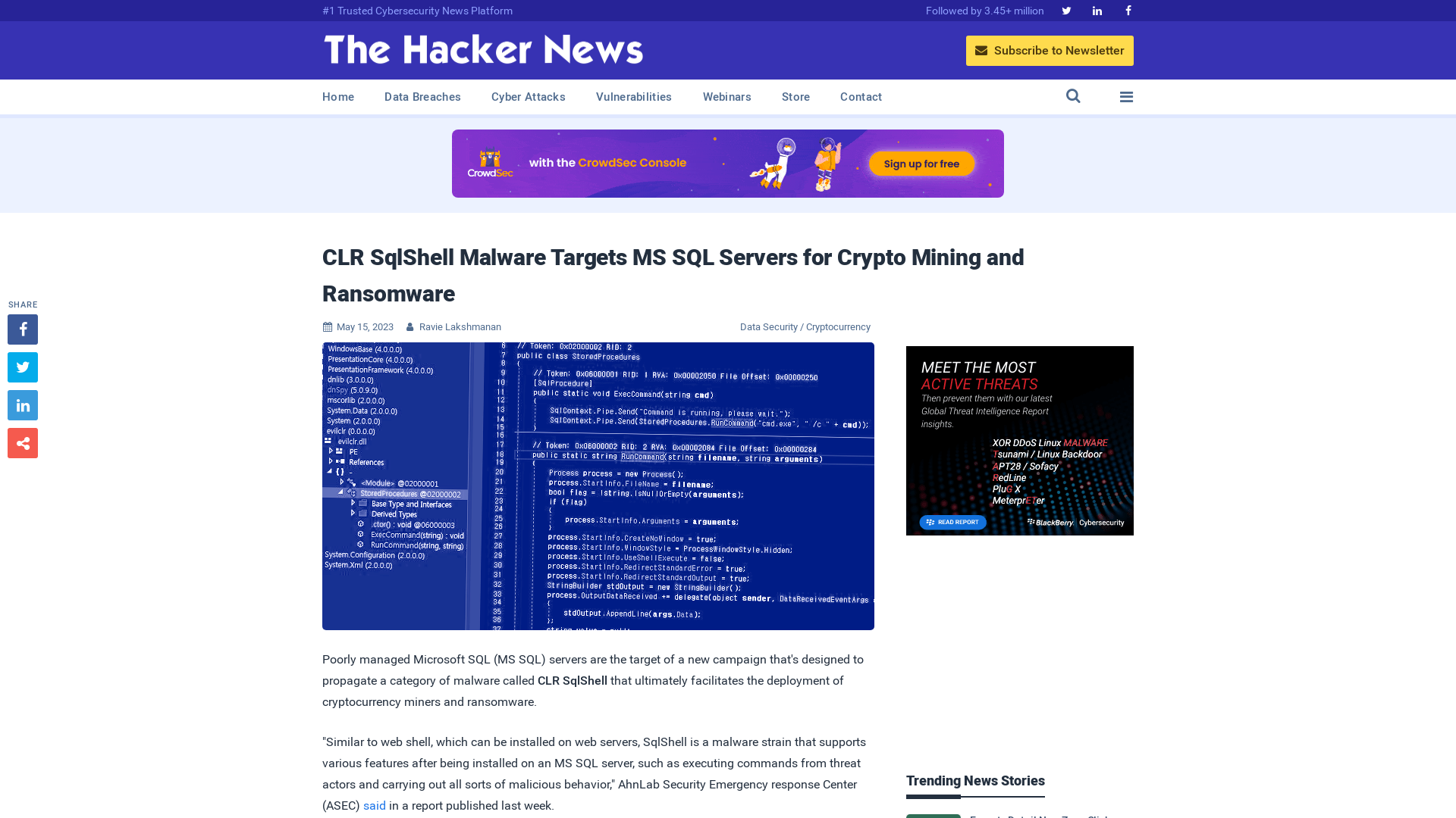 CLR SqlShell Malware Targets MS SQL Servers for Crypto Mining and Ransomware