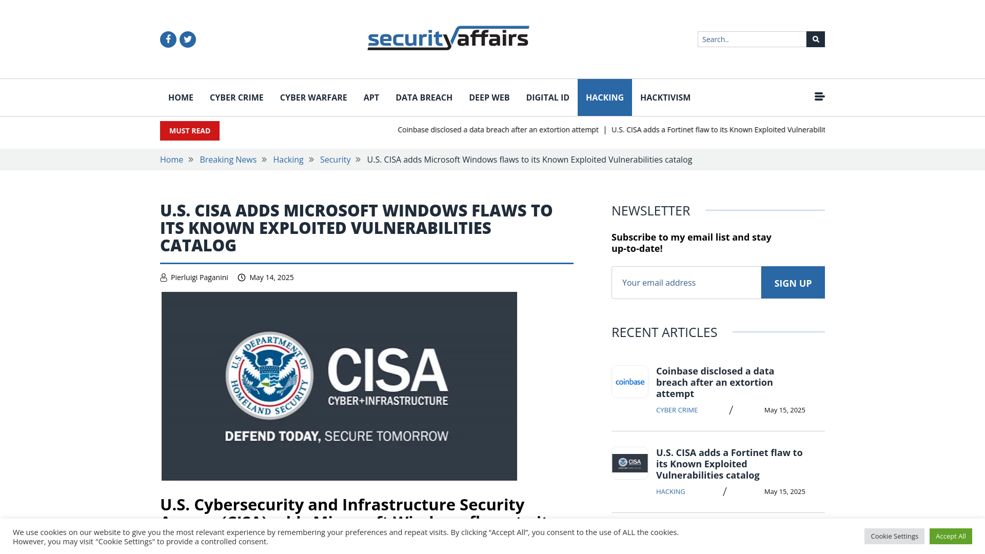 U.S. CISA adds Microsoft Windows flaws to its Known Exploited Vulnerabilities catalog