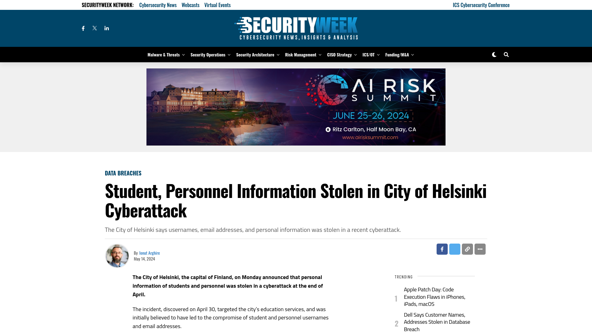 Student, Personnel Information Stolen in City of Helsinki Cyberattack - SecurityWeek