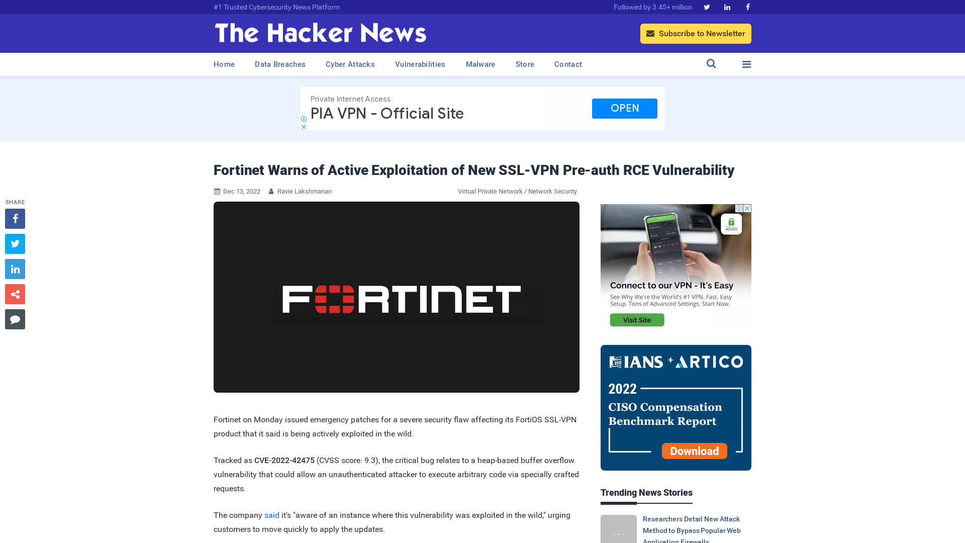 Fortinet Warns of Active Exploitation of New SSL-VPN Pre-auth RCE Vulnerability