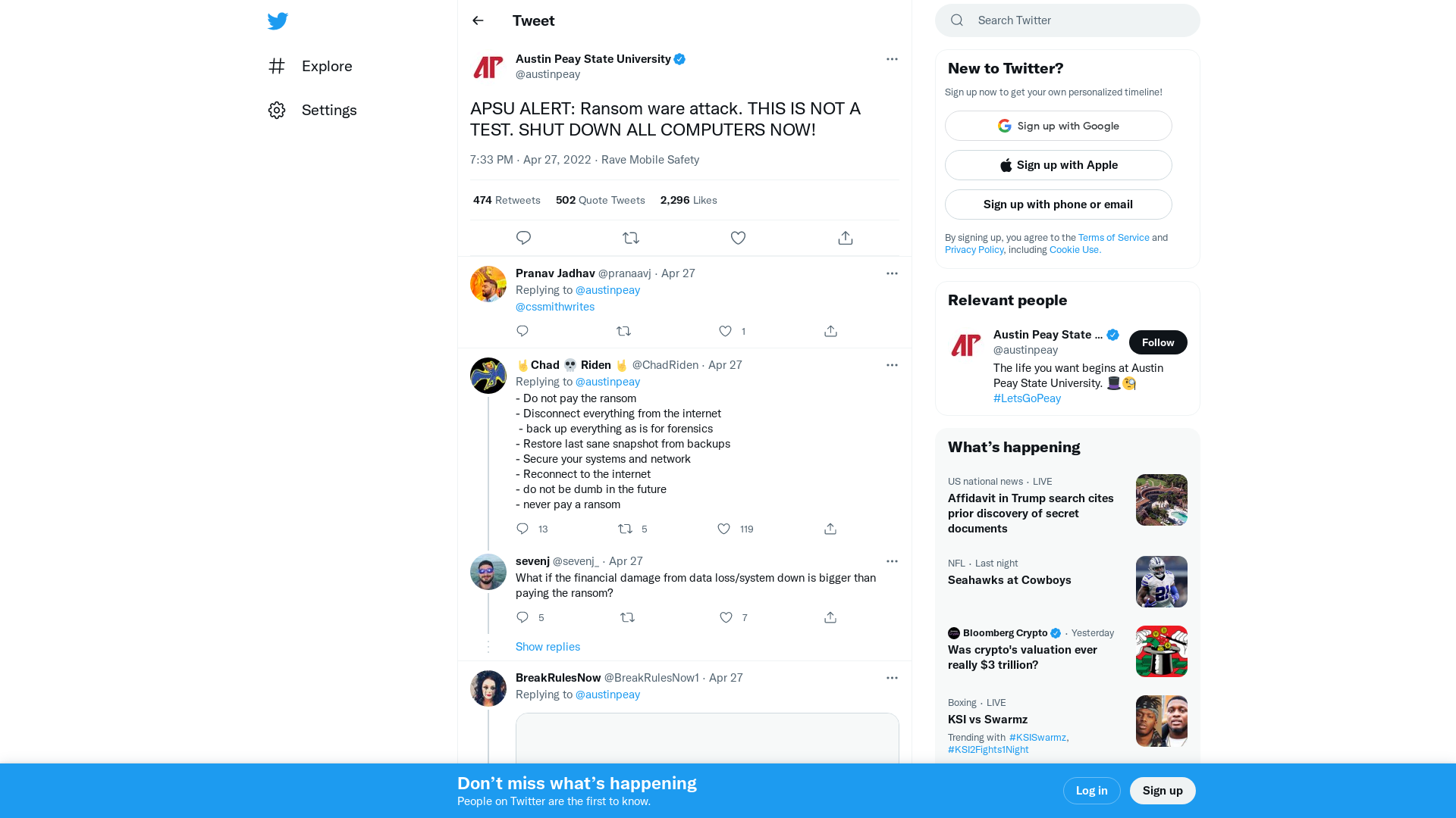 Austin Peay State University on Twitter: "APSU ALERT: Ransom ware attack. THIS IS NOT A TEST. SHUT DOWN ALL COMPUTERS NOW!" / Twitter