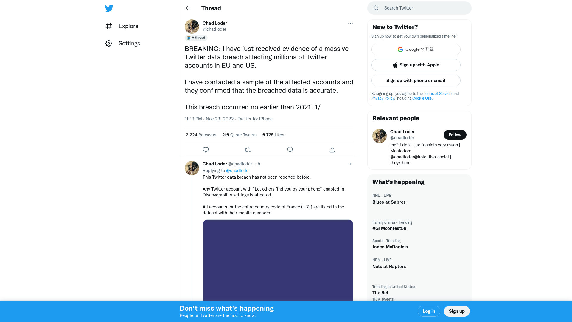 Chad Loder on Twitter: "BREAKING: I have just received evidence of a massive Twitter data breach affecting millions of Twitter accounts in EU and US. I have contacted a sample of the affected accounts and they confirmed that the breached data is accurate. This breach occurred no earlier than 2021. 1/" / Twitter
