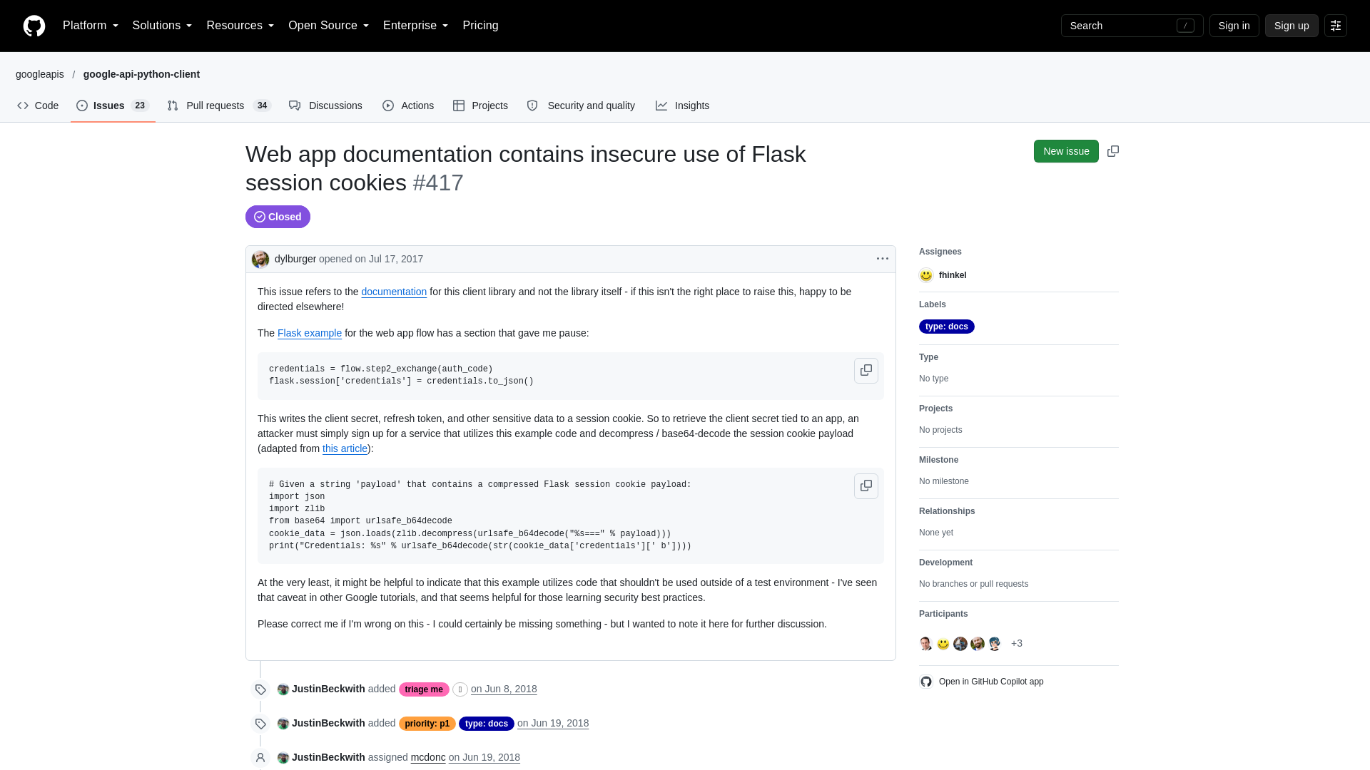 Web app documentation contains insecure use of Flask session cookies · Issue #417 · googleapis/google-api-python-client