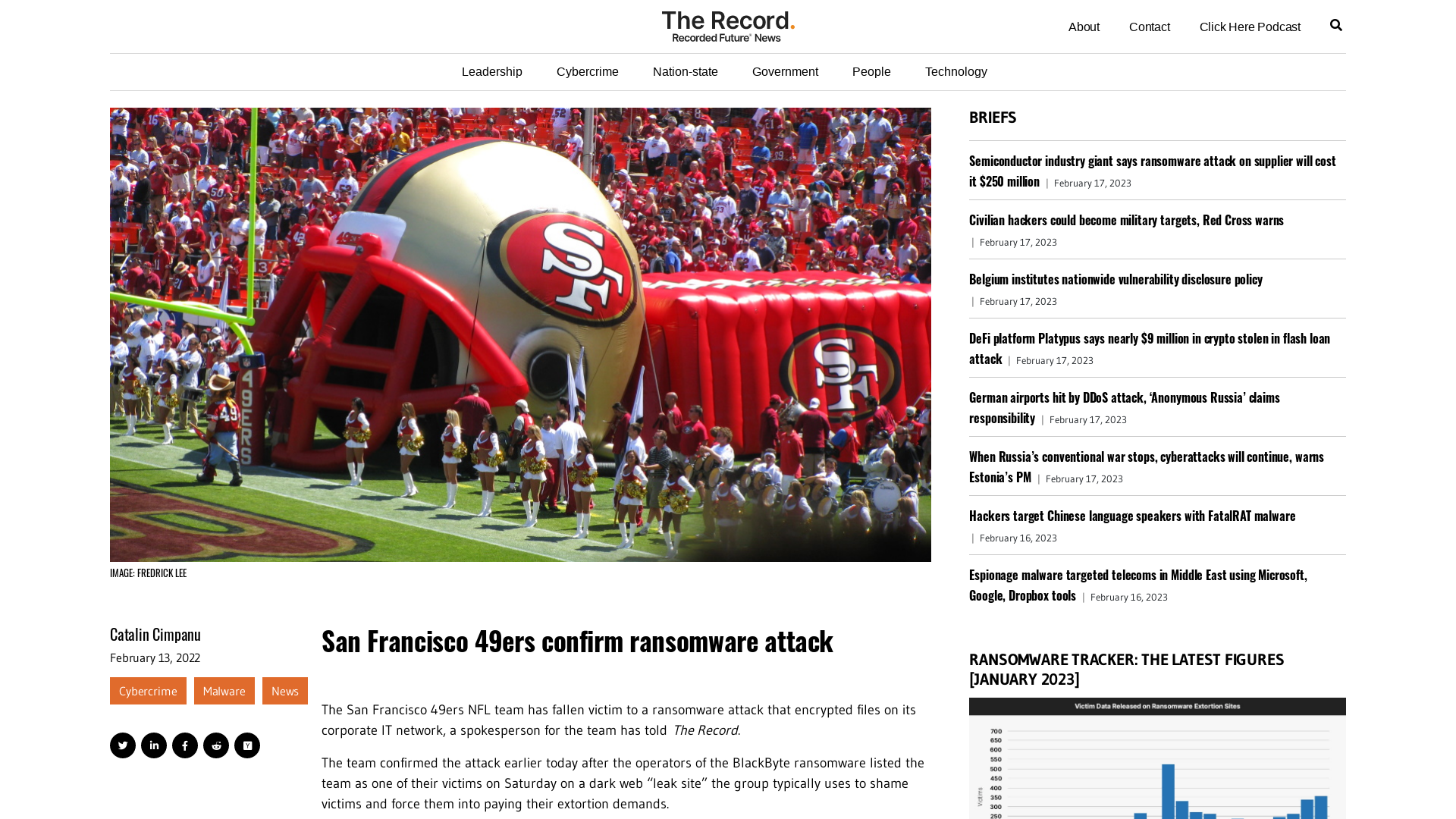 San Francisco 49ers confirm ransomware attack - The Record from Recorded Future News