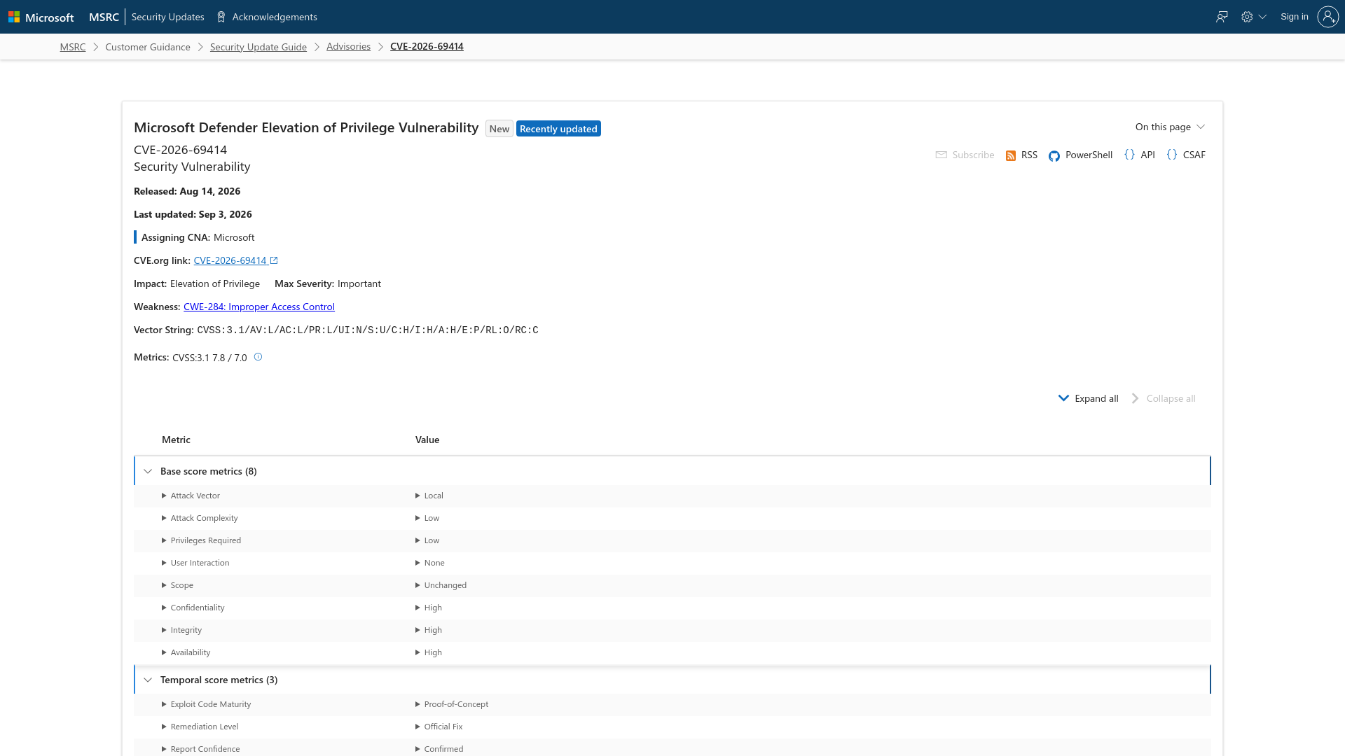 CVE-2026-69414 - Security Update Guide - Microsoft - Microsoft Defender Elevation of Privilege Vulnerability