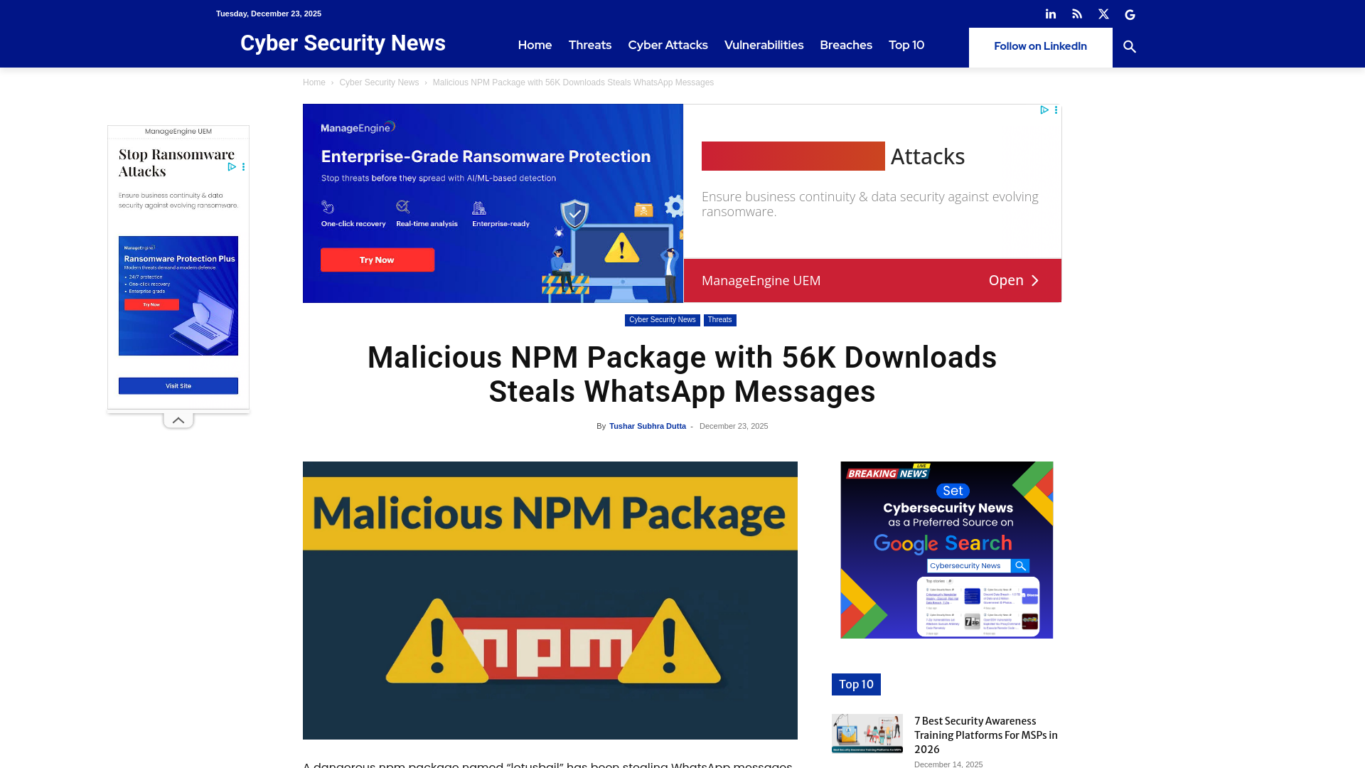 Malicious NPM Package with 56K Downloads Steals WhatsApp Messages