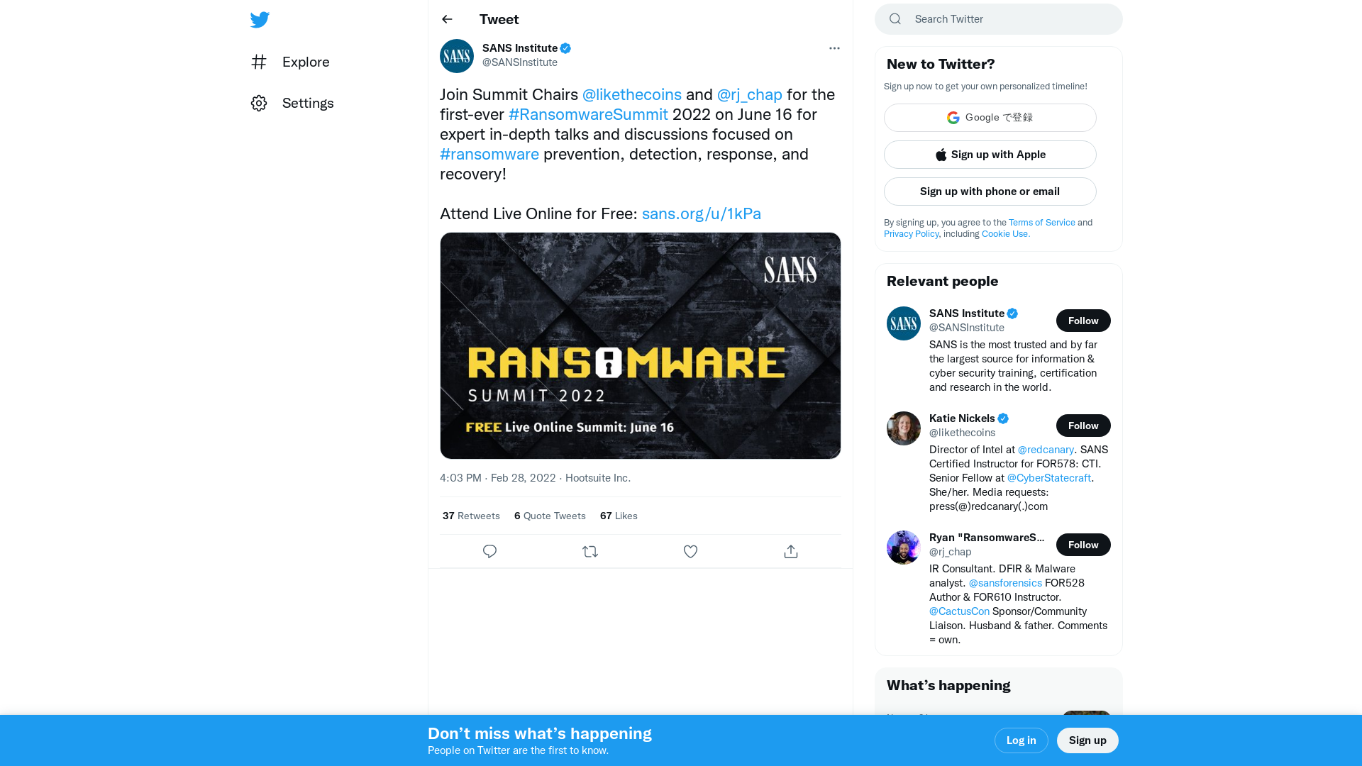 SANS Institute on Twitter: "Join Summit Chairs @likethecoins and @rj_chap for the first-ever #RansomwareSummit 2022 on June 16 for expert in-depth talks and discussions focused on #ransomware prevention, detection, response, and recovery! Attend Live Online for Free: https://t.co/BMb9Zn8Iv8 https://t.co/nQpN7CS1Jh" / Twitter