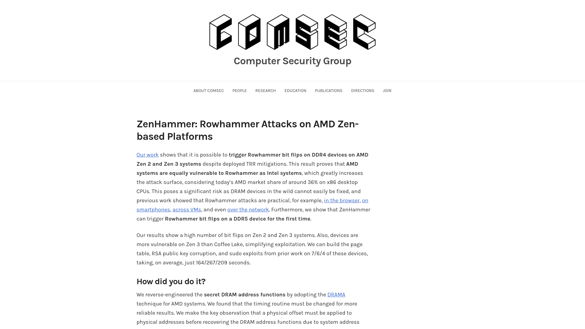 ZenHammer: Rowhammer Attacks on AMD Zen-based Platforms - Computer Security Group