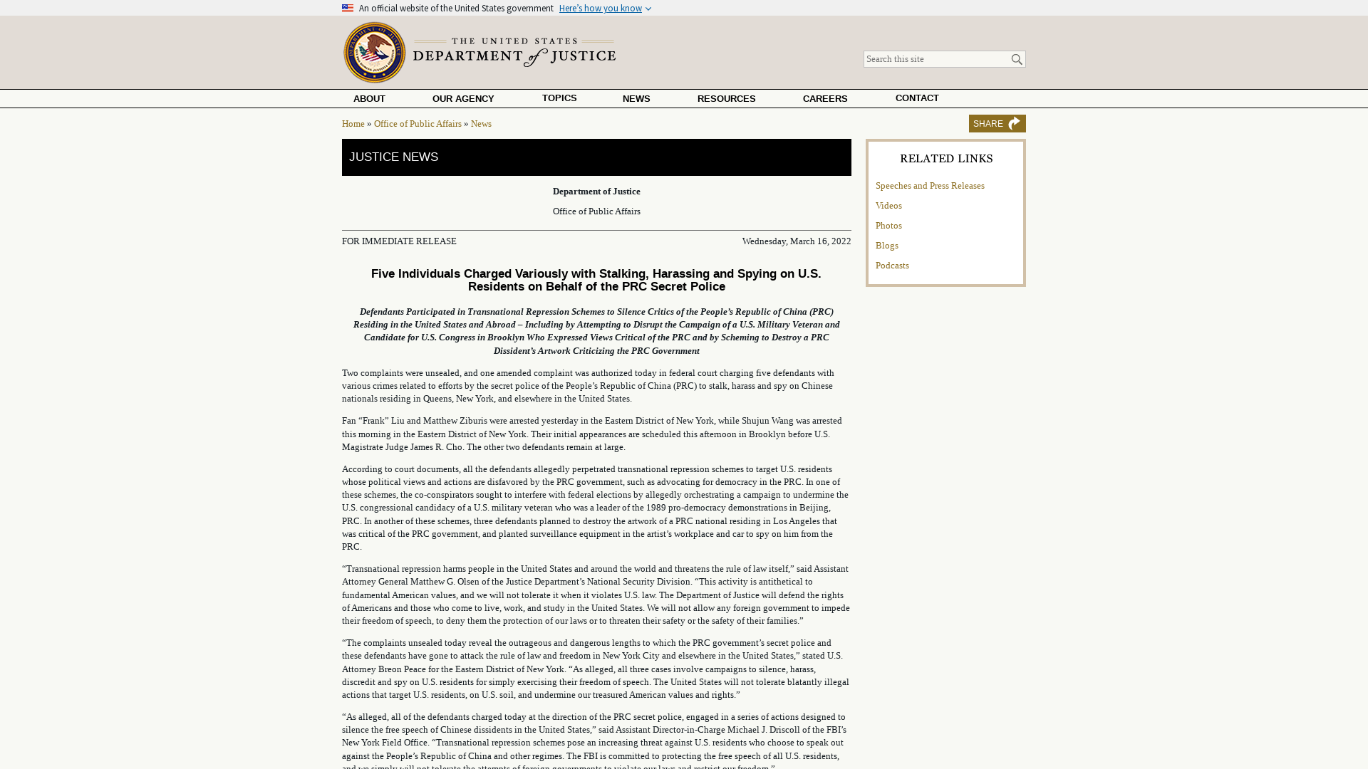 Five Individuals Charged Variously with Stalking, Harassing and Spying on U.S. Residents on Behalf of the PRC Secret Police | OPA | Department of Justice