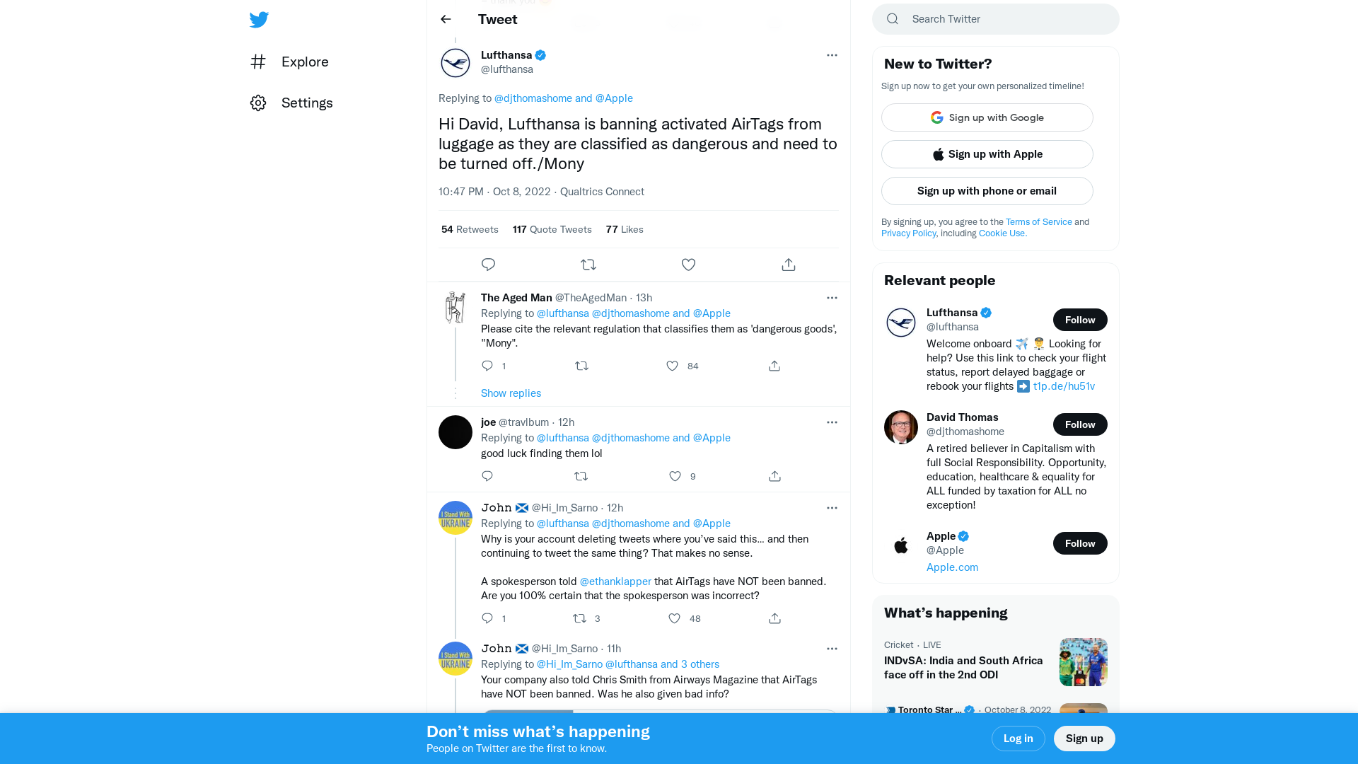 Lufthansa on Twitter: "@djthomashome @Apple Hi David, Lufthansa is banning activated AirTags from luggage as they are classified as dangerous and need to be turned off./Mony" / Twitter
