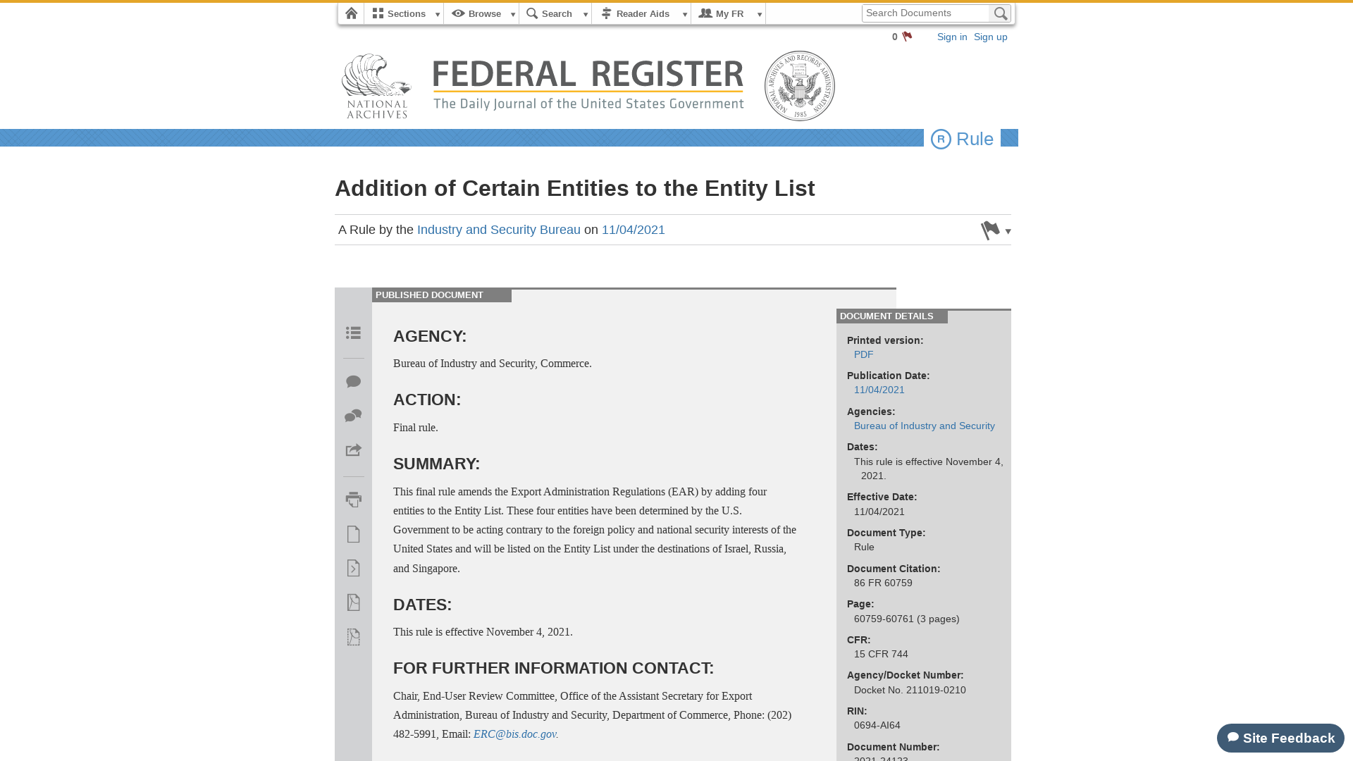 Federal Register :: Addition of Certain Entities to the Entity List