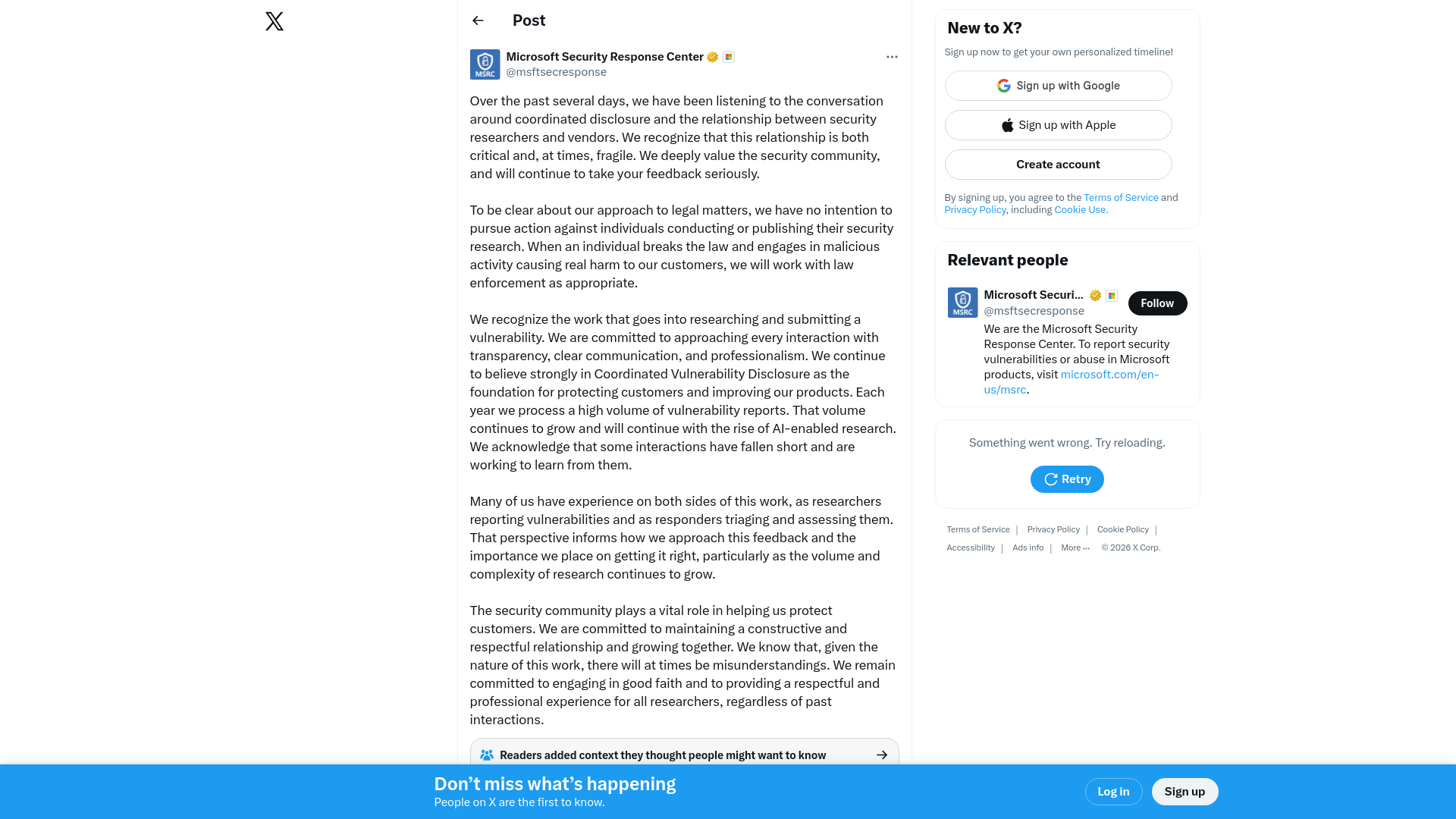 Microsoft Security Response Center on X: "Over the past several days, we have been listening to the conversation around coordinated disclosure and the relationship between security researchers and vendors. We recognize that this relationship is both critical and, at times, fragile. We deeply value the security community," / X