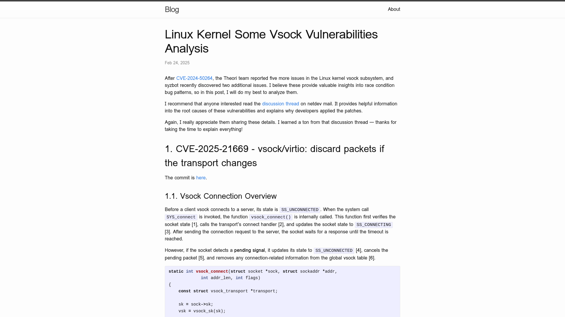 Linux Kernel Some Vsock Vulnerabilities Analysis | Blog