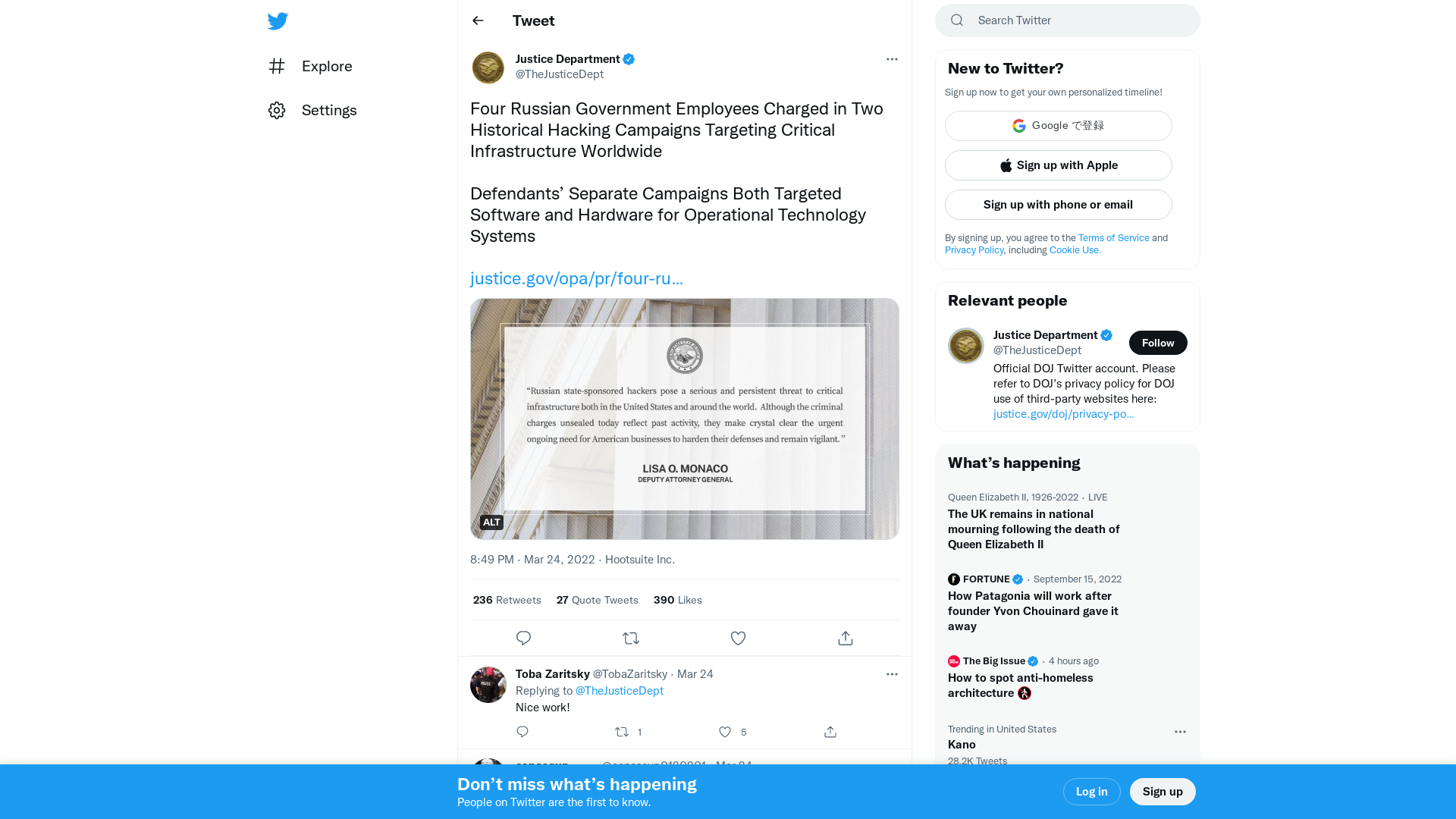 Justice Department on Twitter: "Four Russian Government Employees Charged in Two Historical Hacking Campaigns Targeting Critical Infrastructure Worldwide Defendants’ Separate Campaigns Both Targeted Software and Hardware for Operational Technology Systems https://t.co/HaEu2hynrh https://t.co/gnjTQGDQvP" / Twitter