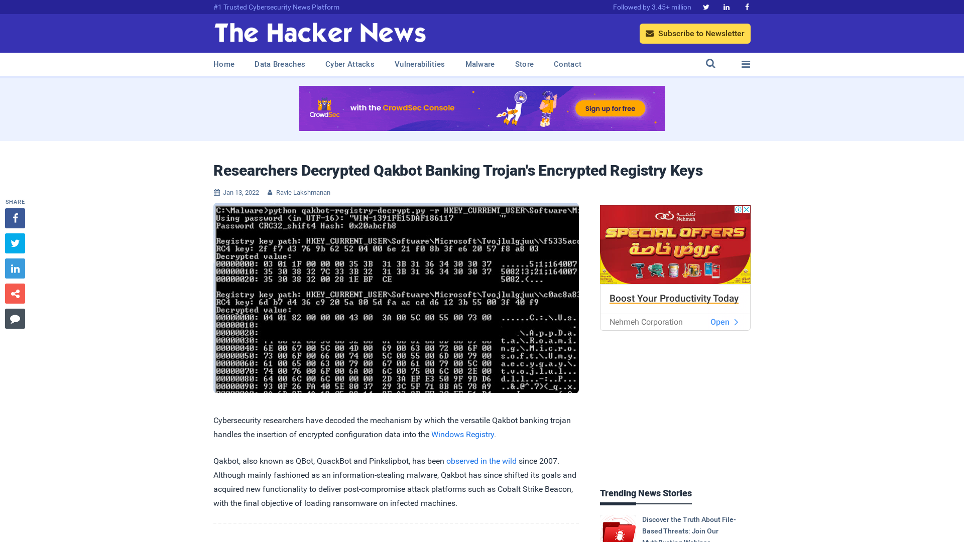 Researchers Decrypted Qakbot Banking Trojan's Encrypted Registry Keys