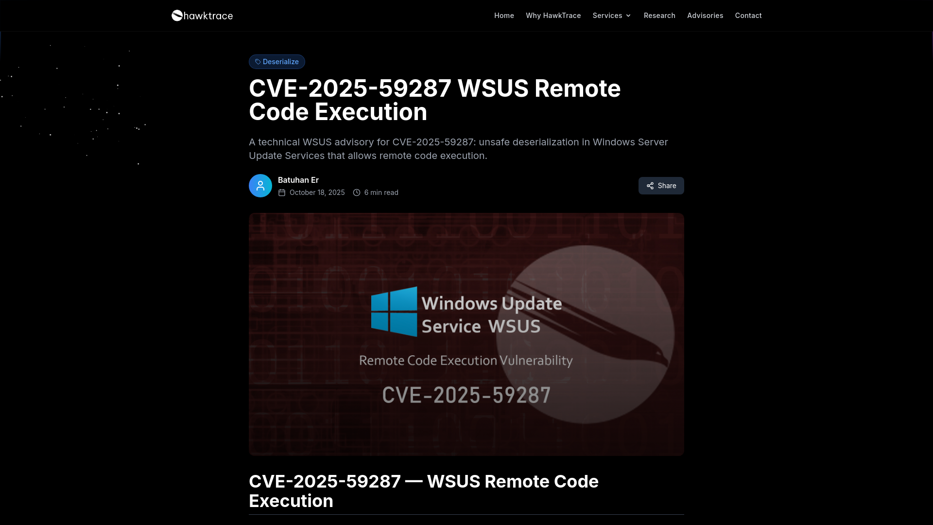 CVE-2025-59287 WSUS Remote Code Execution | HawkTrace