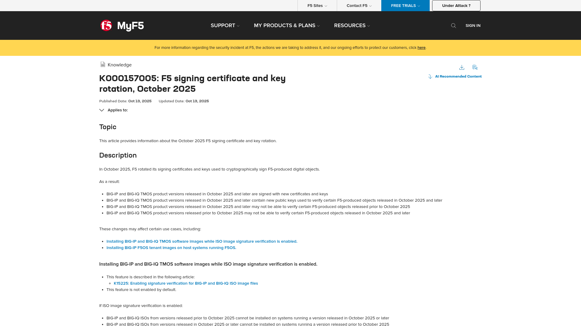 F5 signing certificate and key rotation, October 2025