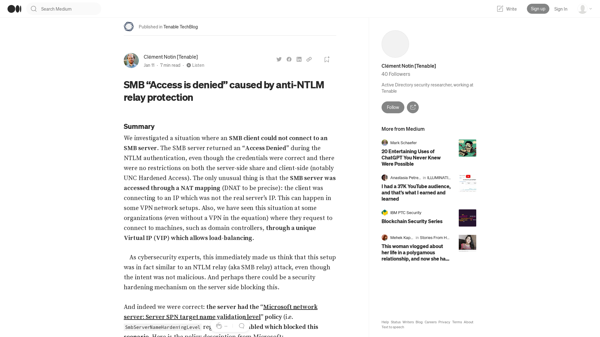 SMB “Access is denied” caused by anti-NTLM relay protection | by Clément Notin [Tenable] | Tenable TechBlog | Jan, 2023 | Medium