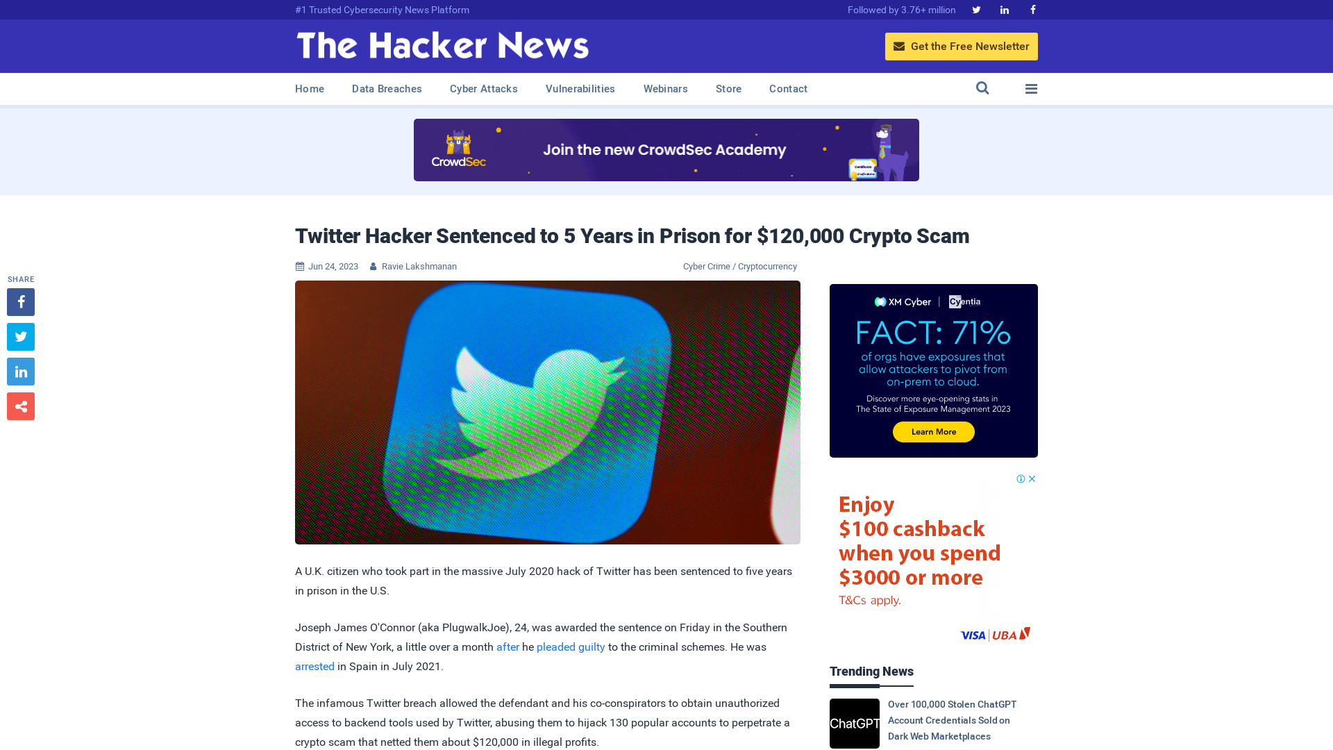 Twitter Hacker Sentenced to 5 Years in Prison for $120,000 Crypto Scam