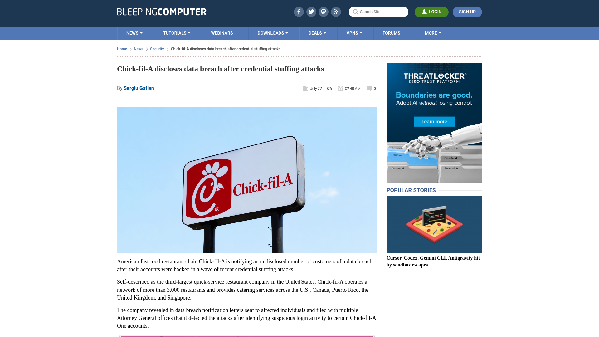 Chick-fil-A discloses data breach after credential stuffing attacks