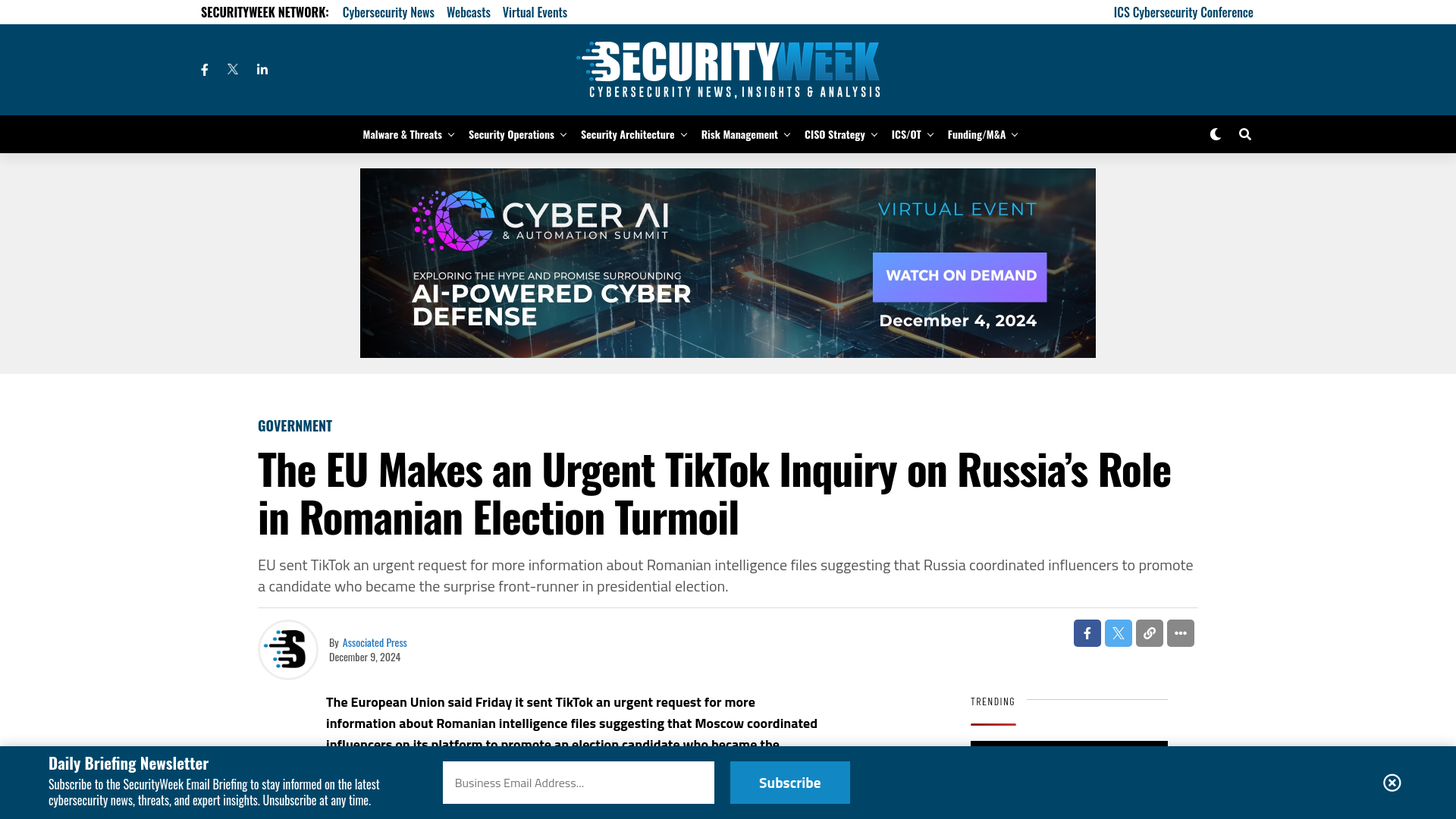 The EU Makes an Urgent TikTok Inquiry on Russia's Role in Romanian Election Turmoil - SecurityWeek