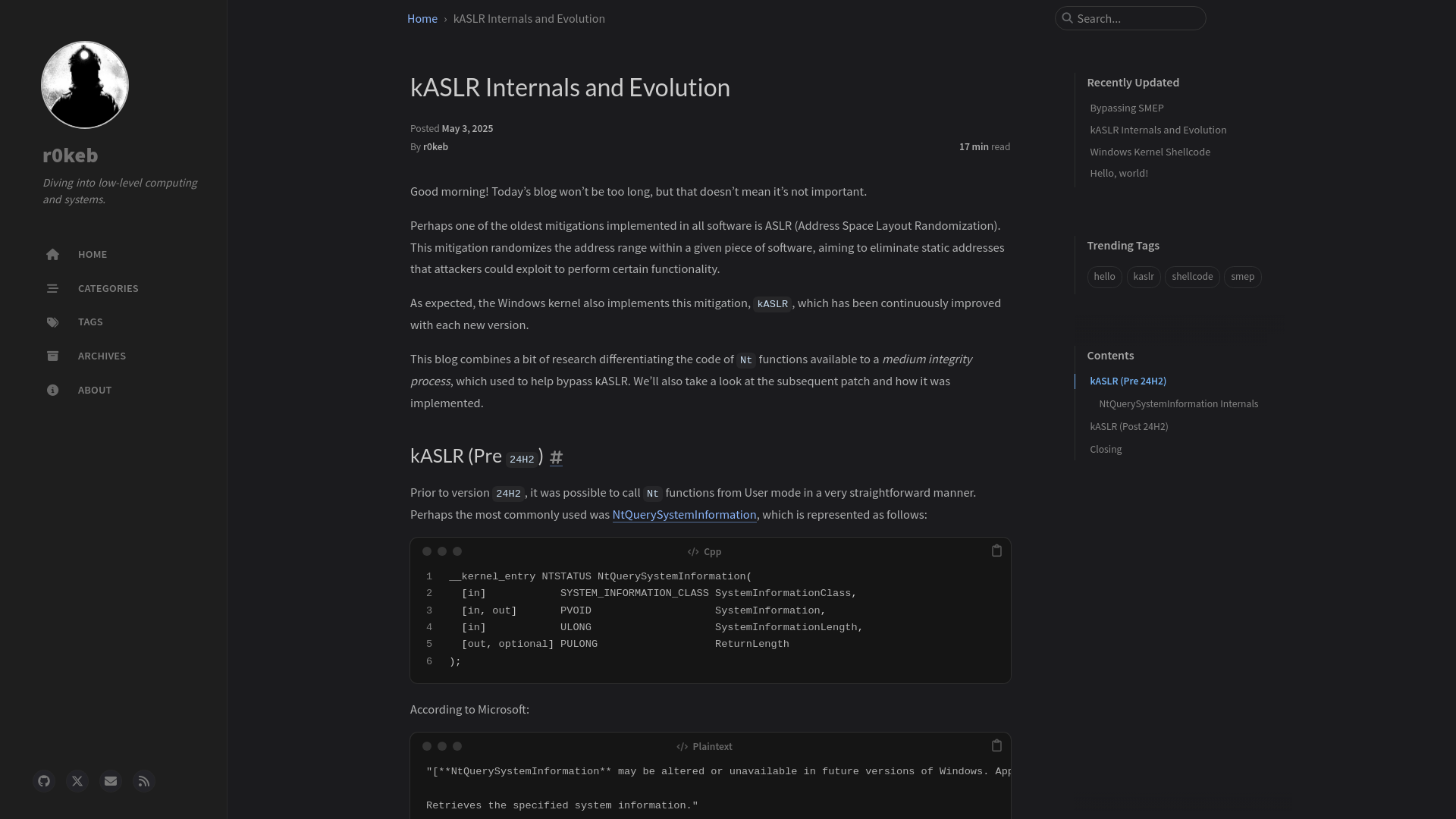 kASLR Internals and Evolution | r0keb