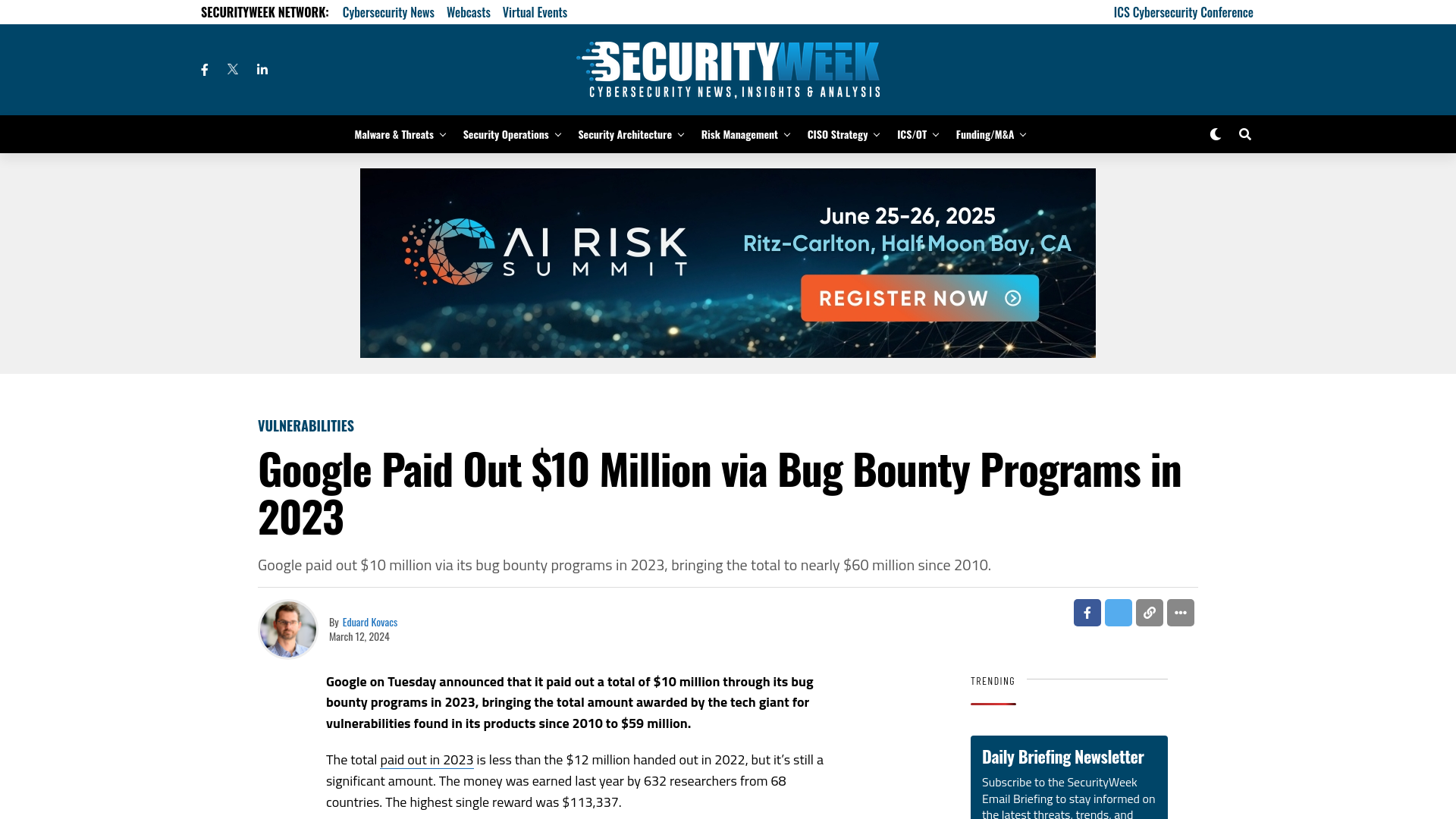 Google Paid Out $10 Million via Bug Bounty Programs in 2023 - SecurityWeek