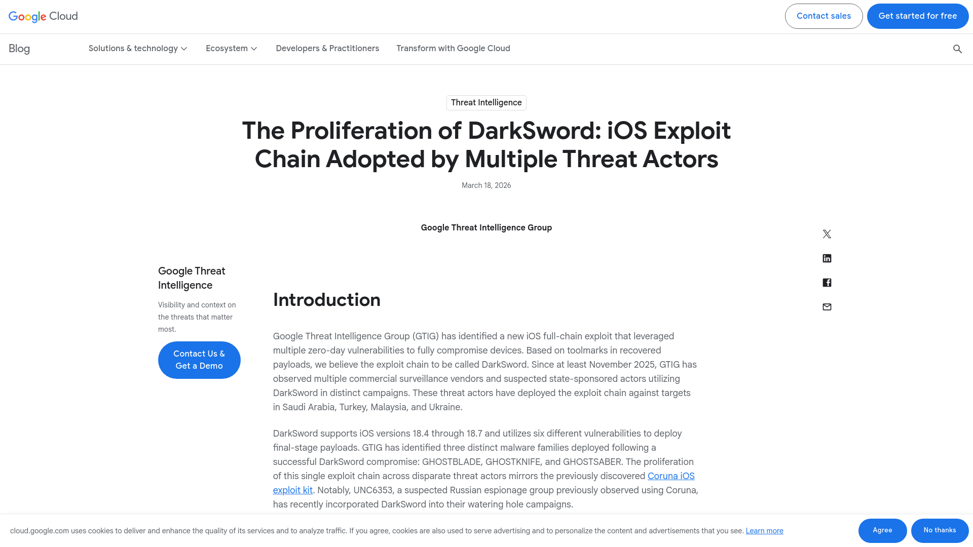 The Proliferation of DarkSword: iOS Exploit Chain Adopted by Multiple Threat Actors | Google Cloud Blog