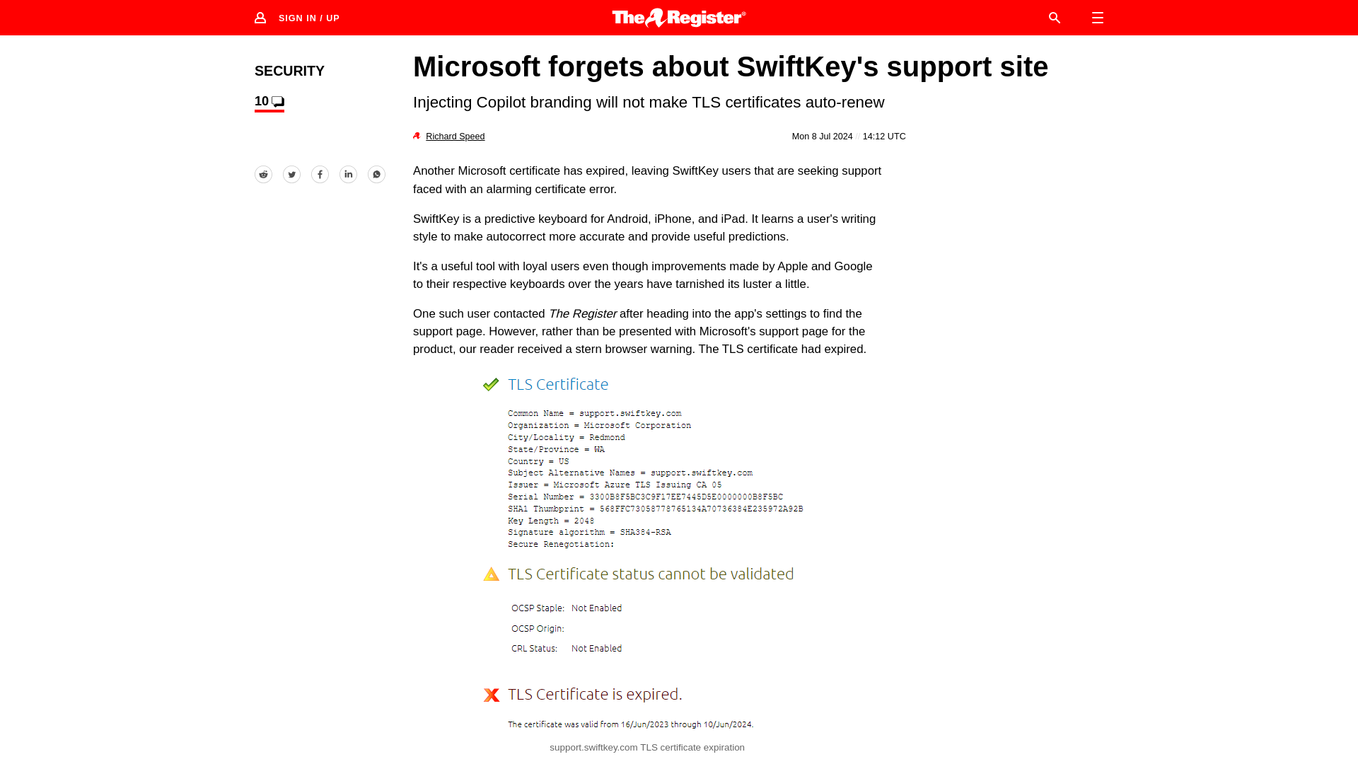 Microsoft lets SwiftKey support site certificate expire • The Register