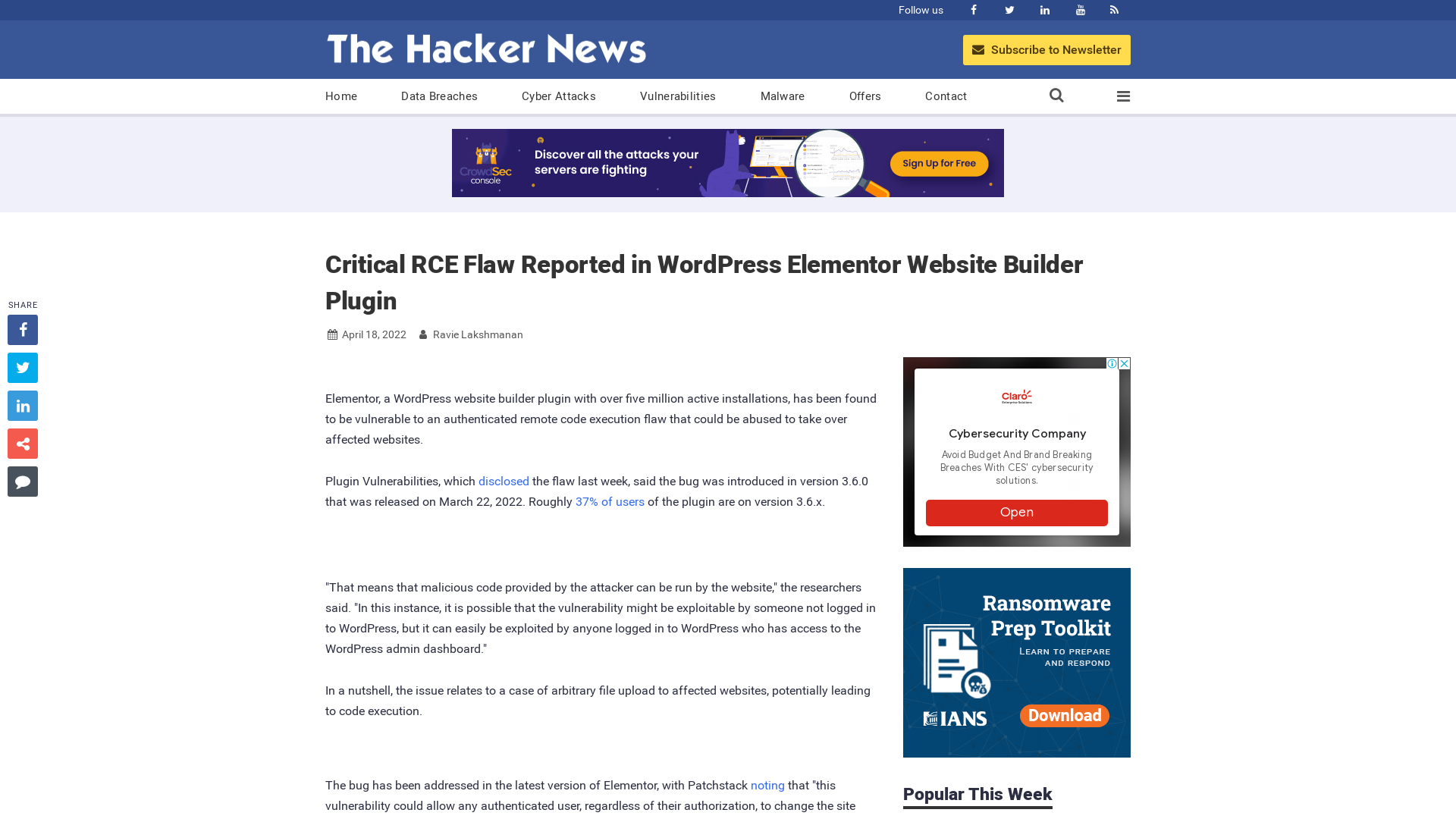 Critical RCE Flaw Reported in WordPress Elementor Website Builder Plugin
