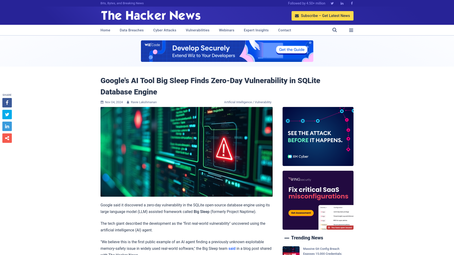 Google's AI Tool Big Sleep Finds Zero-Day Vulnerability in SQLite Database Engine