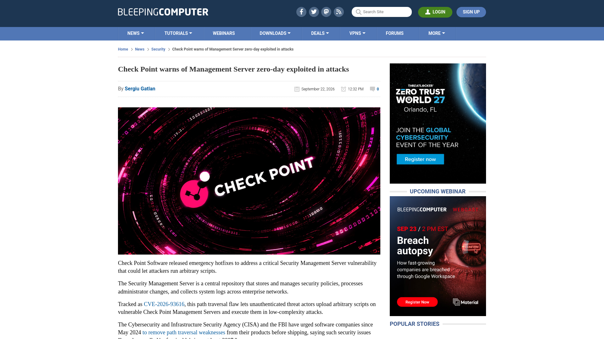 Check Point warns of Management Server zero-day exploited in attacks