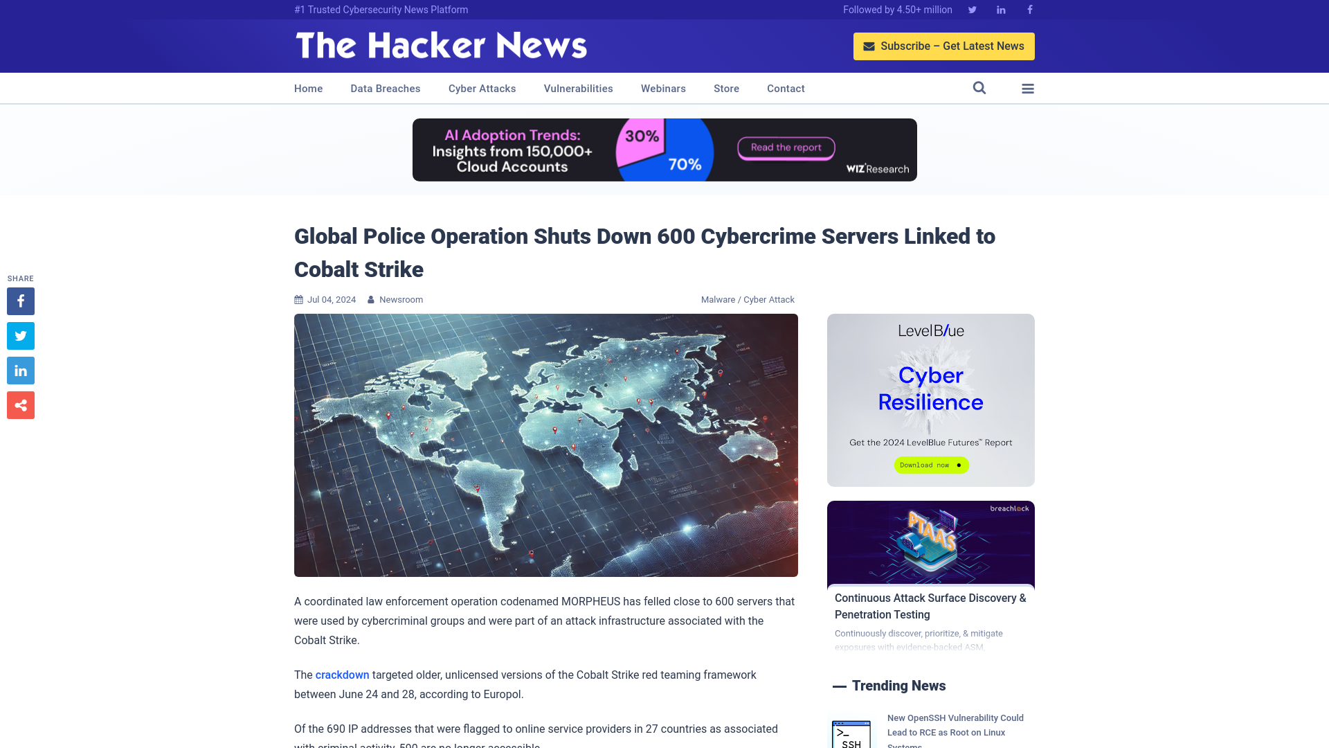 Global Police Operation Shuts Down 600 Cybercrime Servers Linked to Cobalt Strike