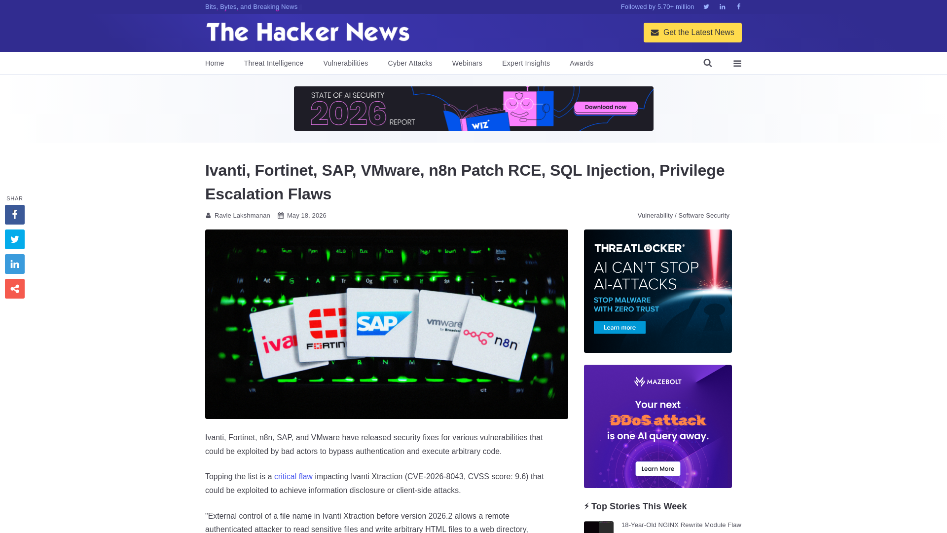 Ivanti, Fortinet, SAP, VMware, n8n Patch RCE, SQL Injection, Privilege Escalation Flaws
