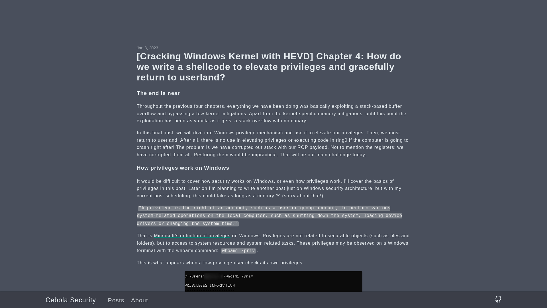 [Cracking Windows Kernel with HEVD] Chapter 4: How do we write a shellcode to elevate privileges and gracefully return to userland?