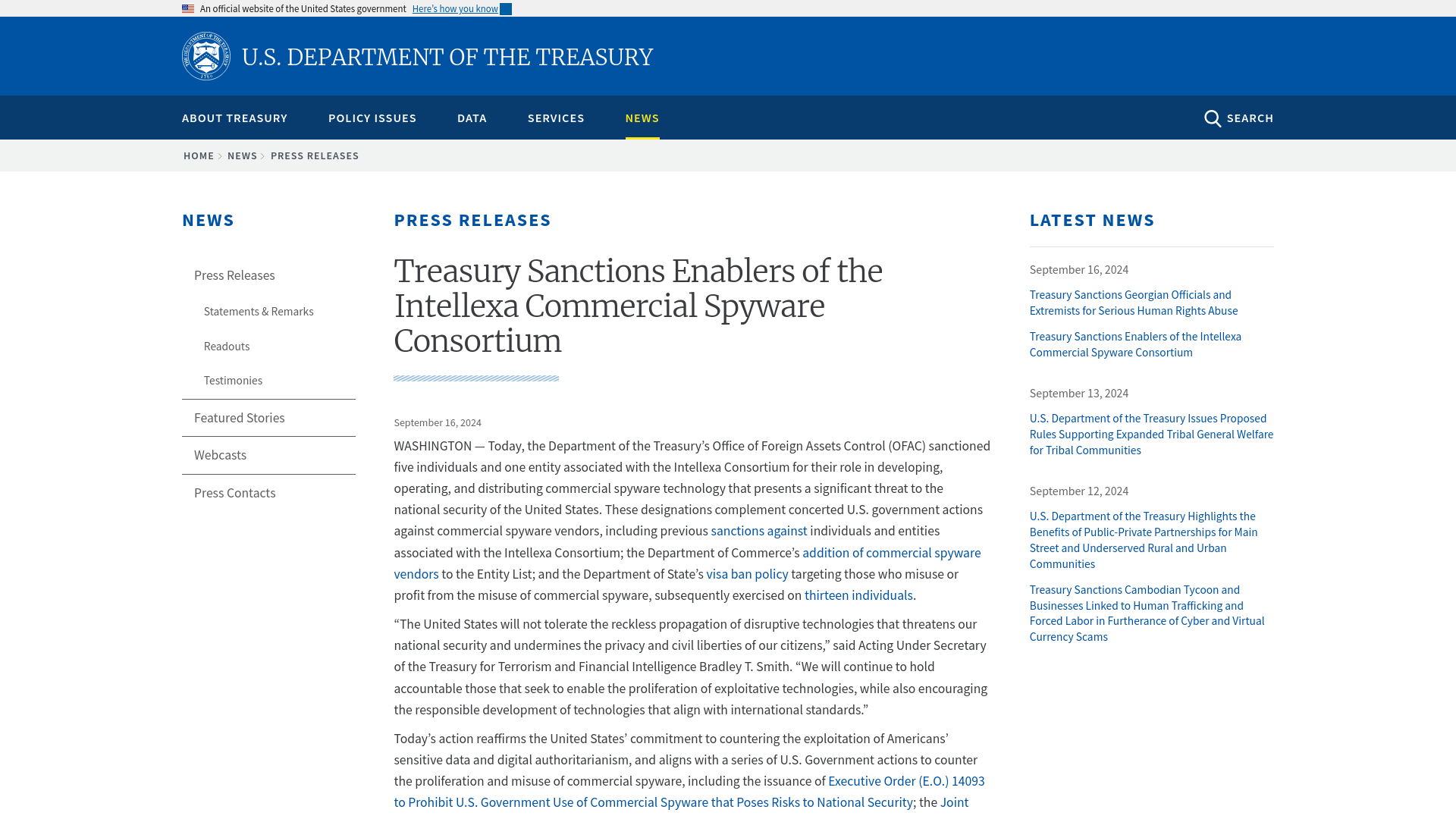 Treasury Sanctions Enablers of the Intellexa Commercial Spyware Consortium | U.S. Department of the Treasury