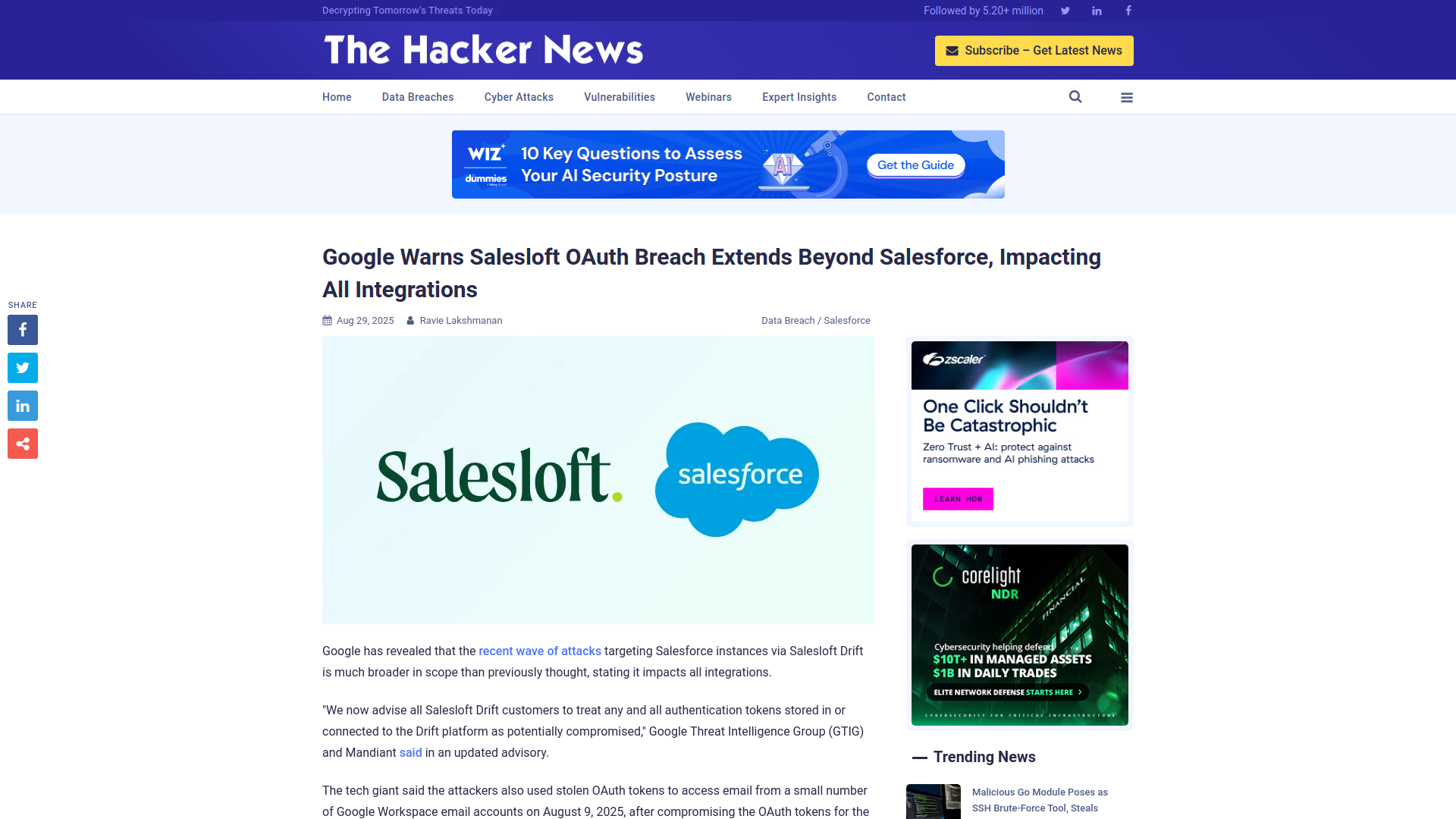Google Warns Salesloft OAuth Breach Extends Beyond Salesforce, Impacting All Integrations