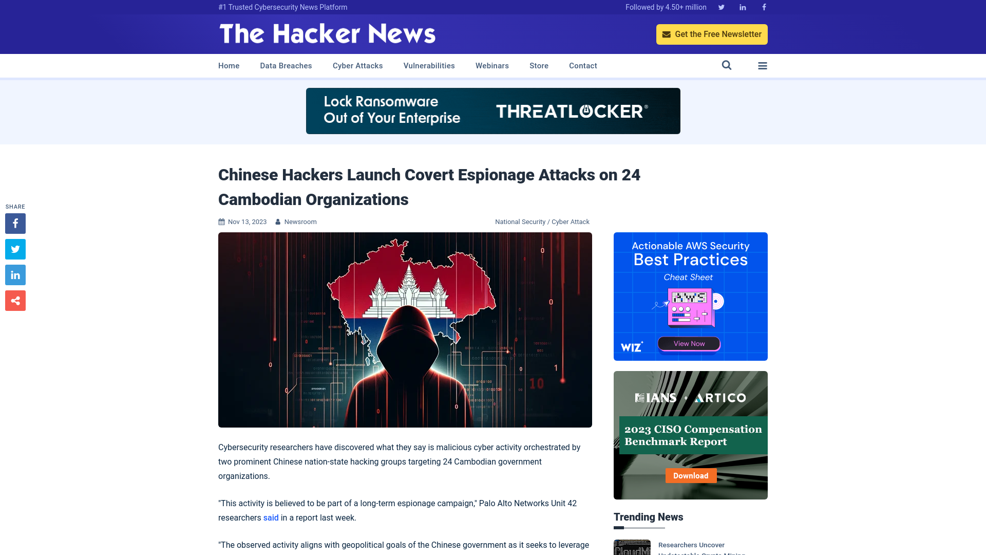 Chinese Hackers Launch Covert Espionage Attacks on 24 Cambodian Organizations