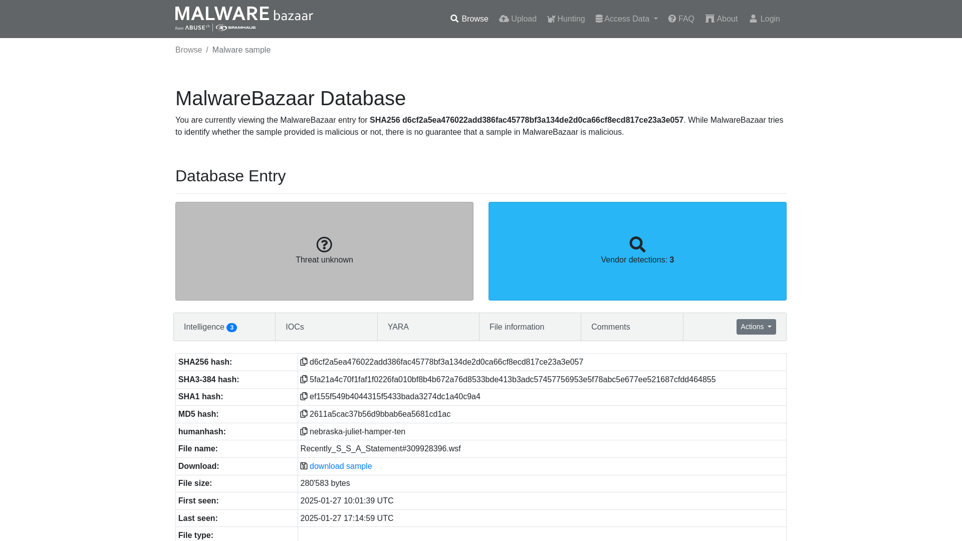 MalwareBazaar | SHA256 d6cf2a5ea476022add386fac45778bf3a134de2d0ca66cf8ecd817ce23a3e057