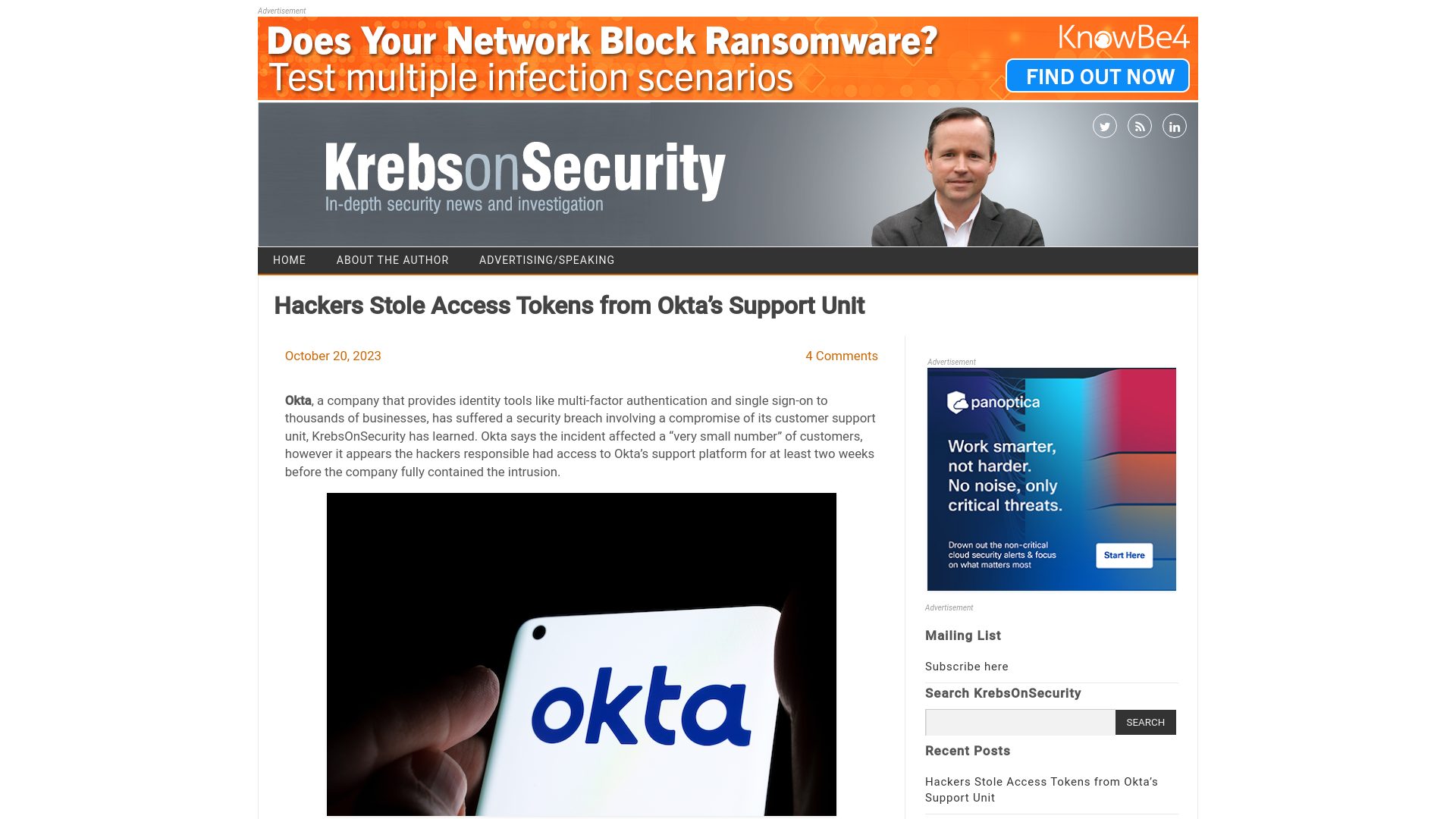 Hackers Stole Access Tokens from Okta’s Support Unit – Krebs on Security