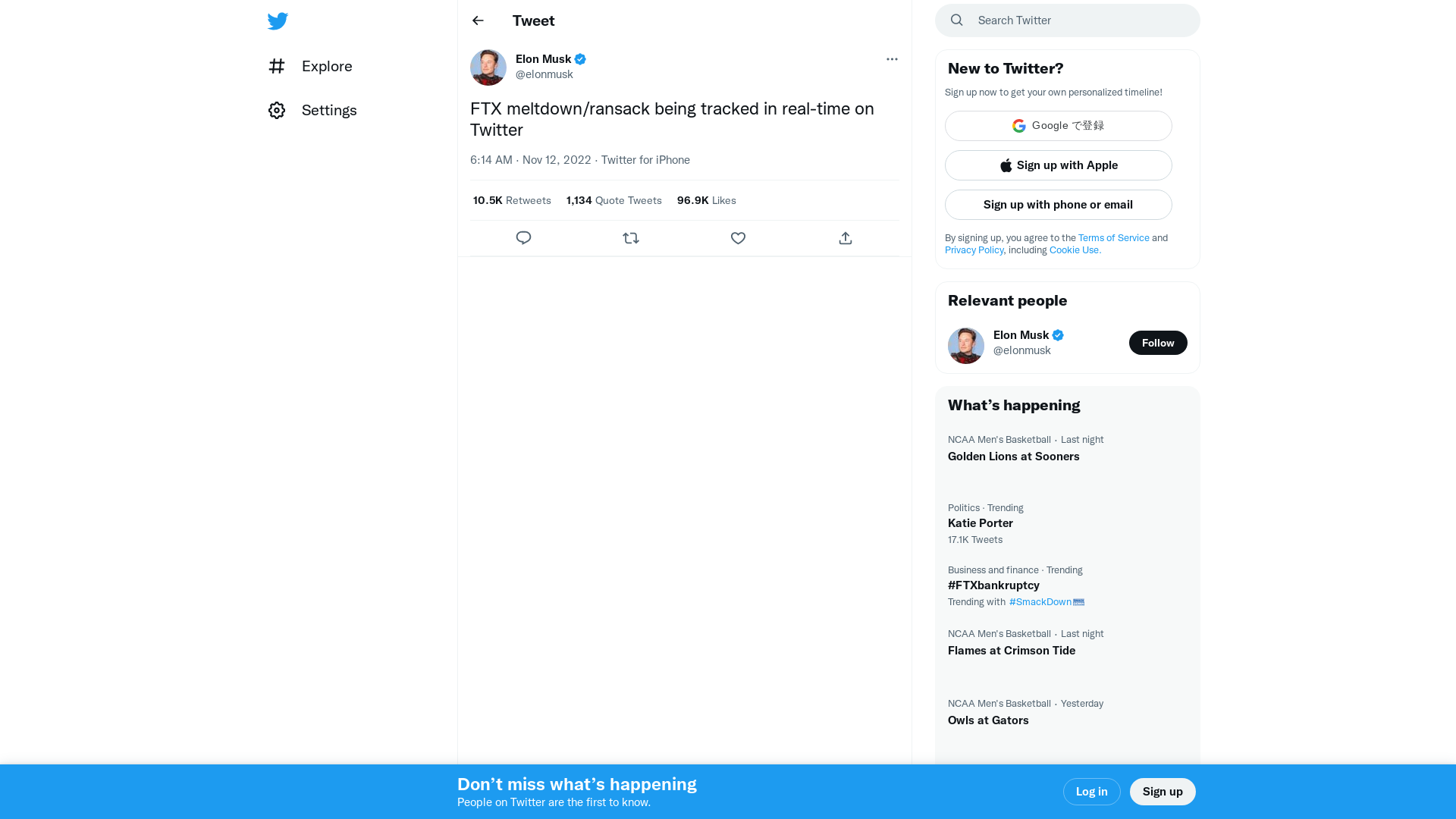 Elon Musk on Twitter: "FTX meltdown/ransack being tracked in real-time on Twitter" / Twitter