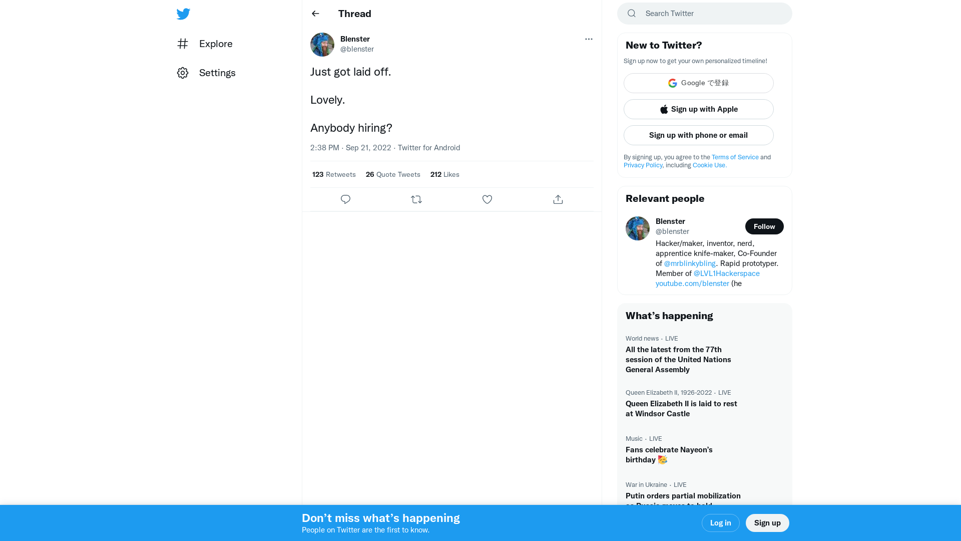 Blenster on Twitter: "Just got laid off. Lovely. Anybody hiring?" / Twitter
